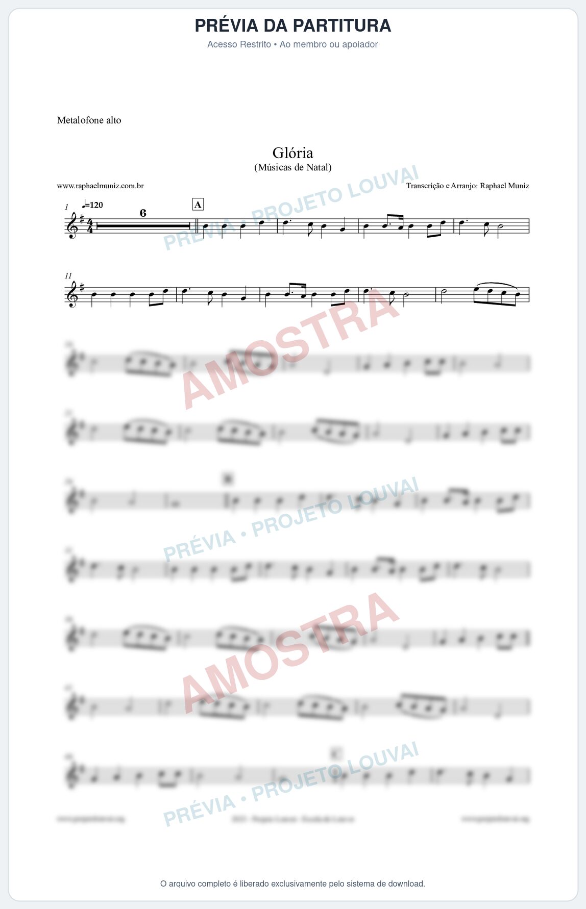 Prévia protegida da primeira página da partitura Partitura para Metalofone alto - Glória - Músicas de Natal