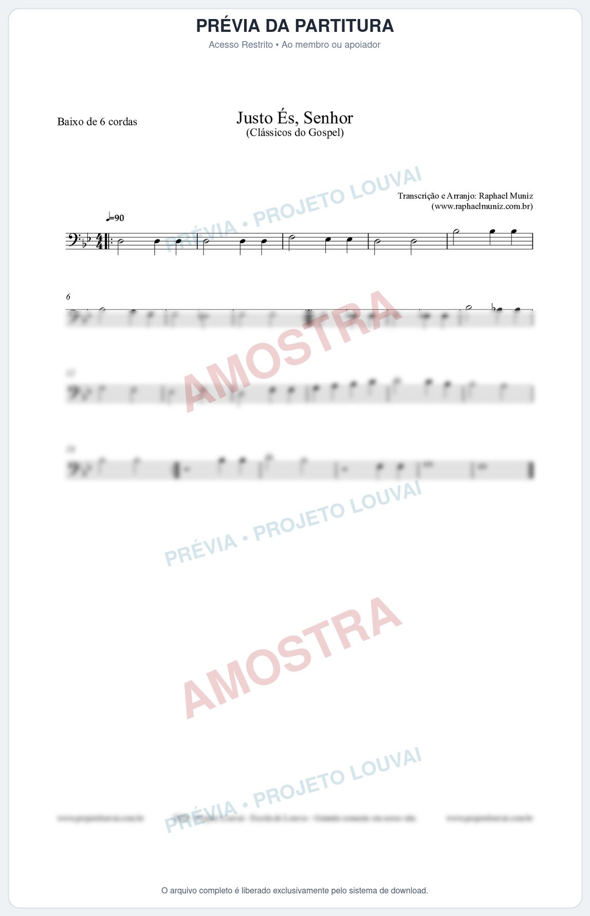 Prévia protegida da primeira página da partitura Partitura para Baixo de 6 cordas - Justo És Senhor - Cantor Cristão nº2 - Clássicos do Gospel