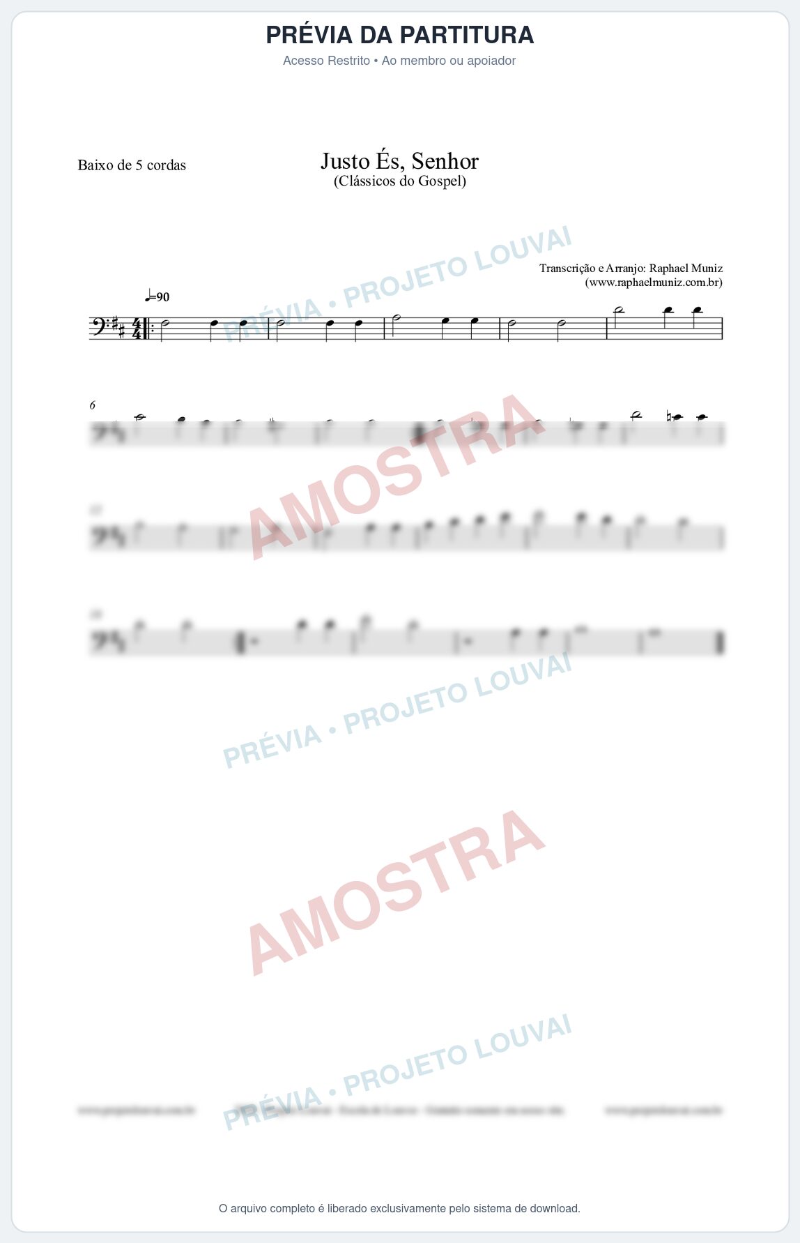 Prévia protegida da primeira página da partitura Partitura para Baixo de 5 cordas - Justo És Senhor - Cantor Cristão nº2 - Clássicos do Gospel