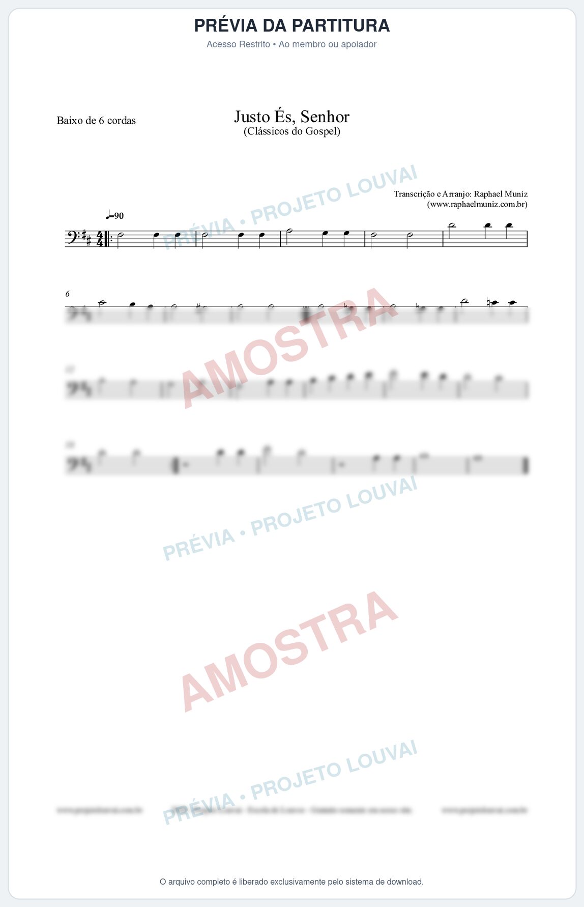 Prévia protegida da primeira página da partitura Partitura para Baixo de 6 cordas - Justo És Senhor - Cantor Cristão nº2 - Clássicos do Gospel