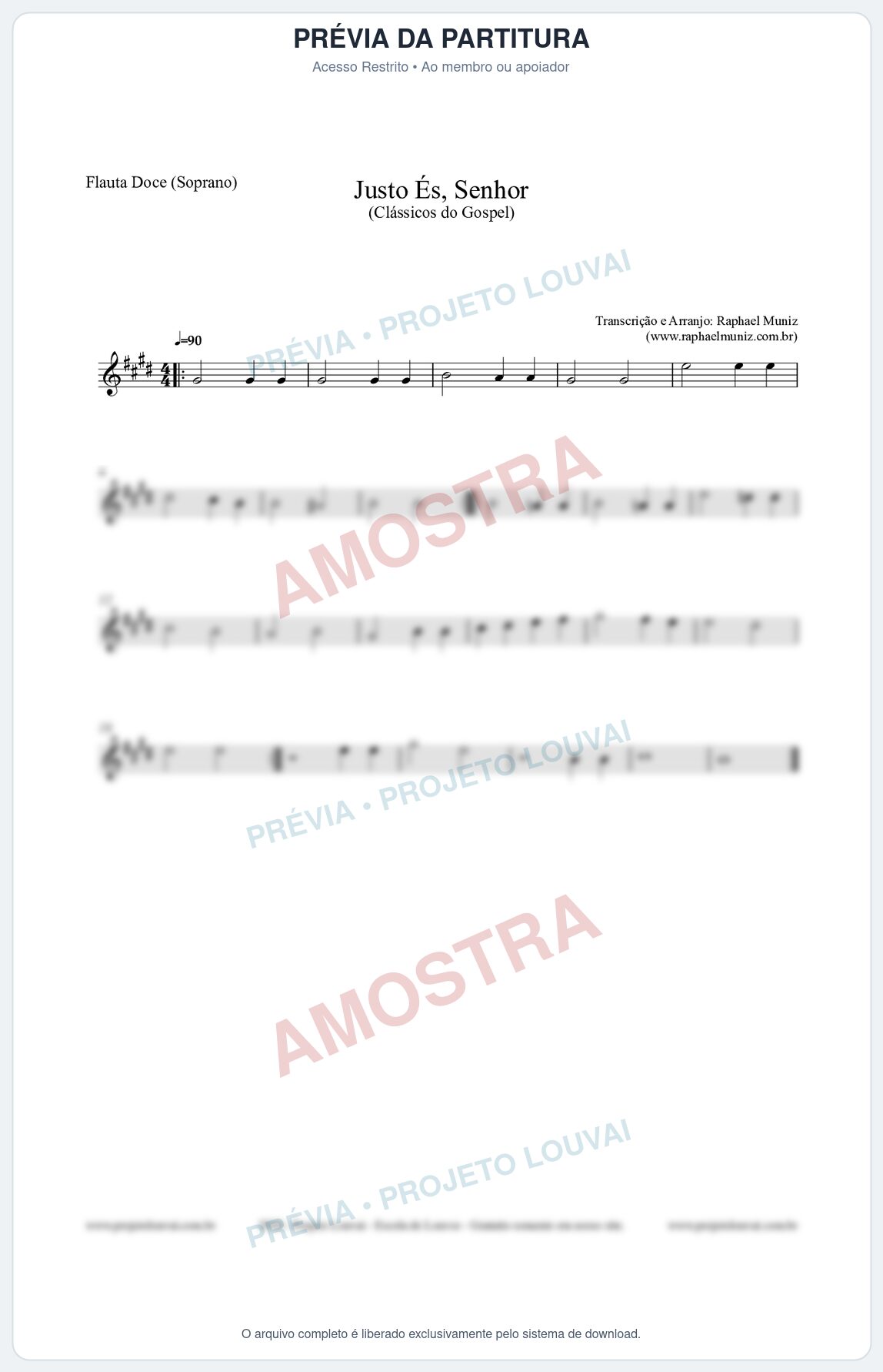 Prévia protegida da primeira página da partitura Partitura para Flauta Doce (Soprano) - Justo És Senhor - Cantor Cristão nº2 - Clássicos do Gospel