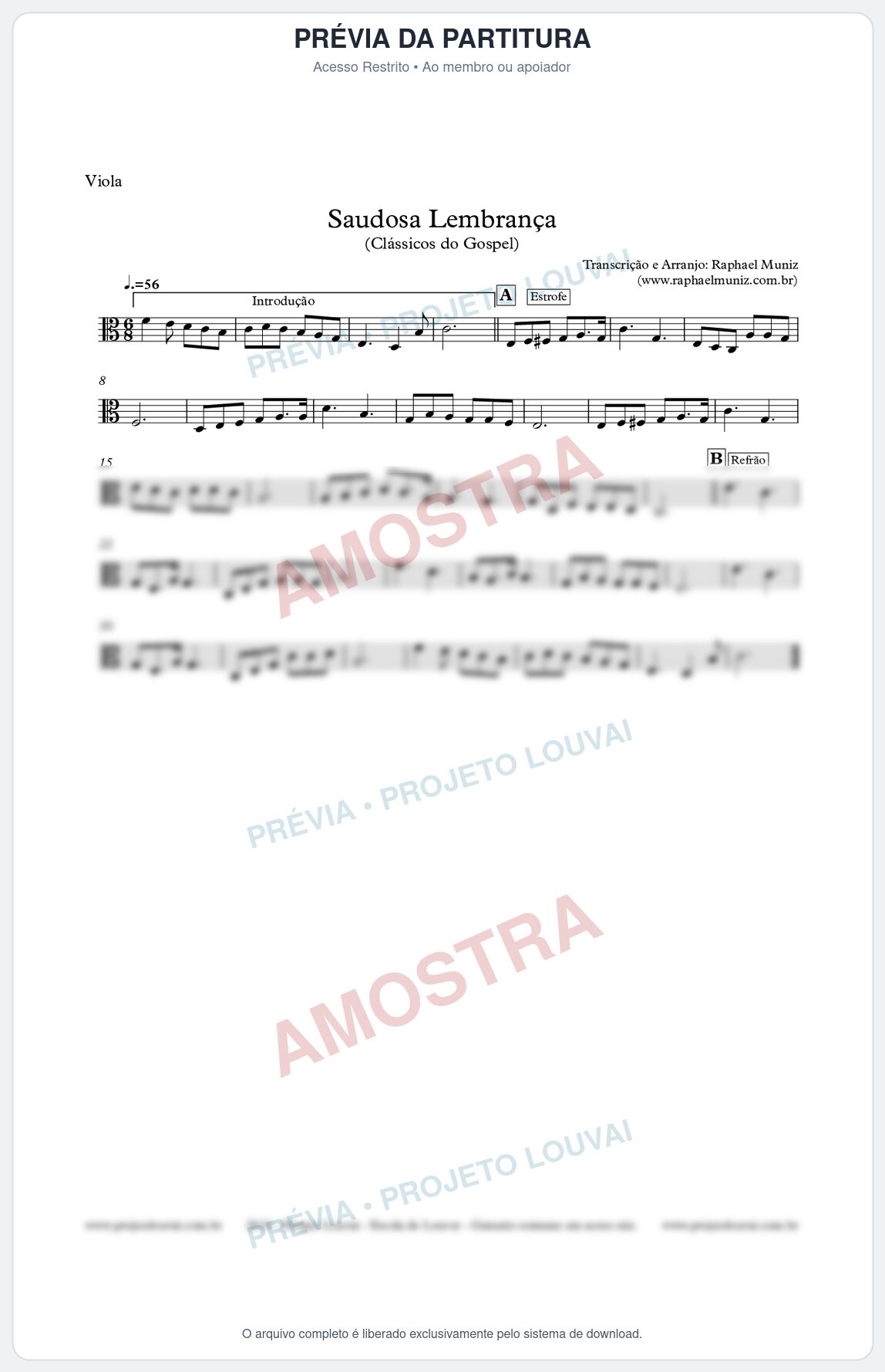 Prévia protegida da primeira página da partitura Partitura para Viola - Saudosa Lembrança - Harpa Cristã nº 2