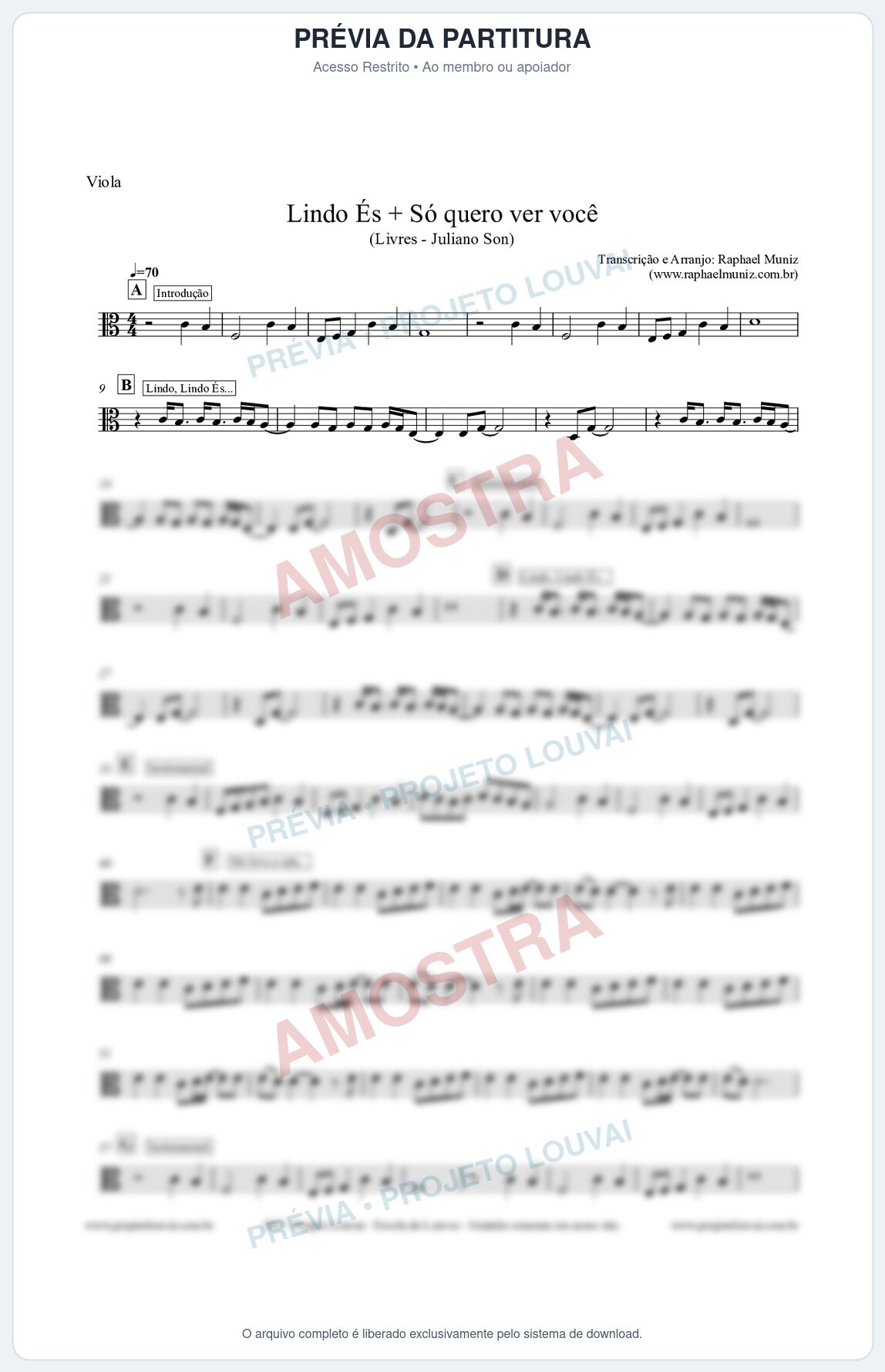Prévia protegida da primeira página da partitura Partitura para Viola - Lindo És + Só quero ver você - Livres - Juliano Son