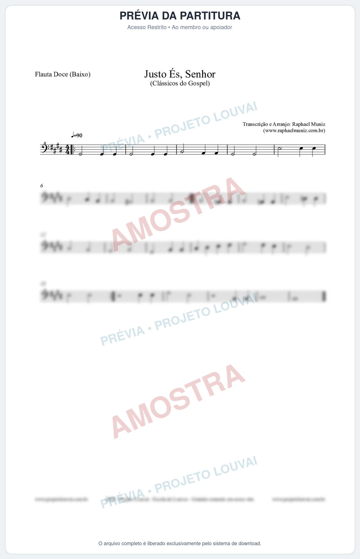 Prévia protegida da primeira página da partitura Partitura para Flauta Doce (Baixo) - Justo És Senhor - Cantor Cristão nº2 - Clássicos do Gospel