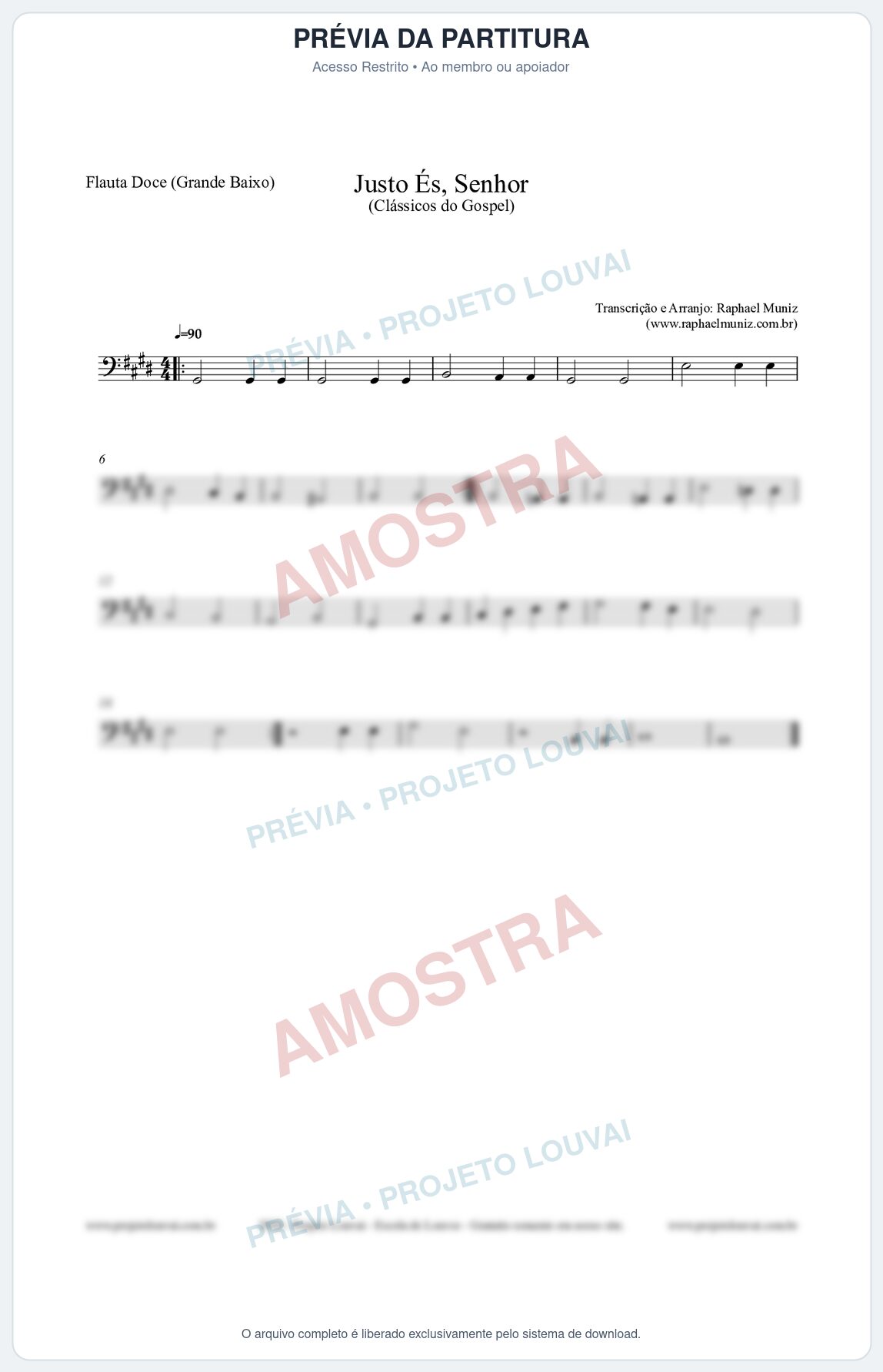 Prévia protegida da primeira página da partitura Partitura para Flauta Doce (Grande Baixo) - Justo És Senhor - Cantor Cristão nº2 - Clássicos do Gospel