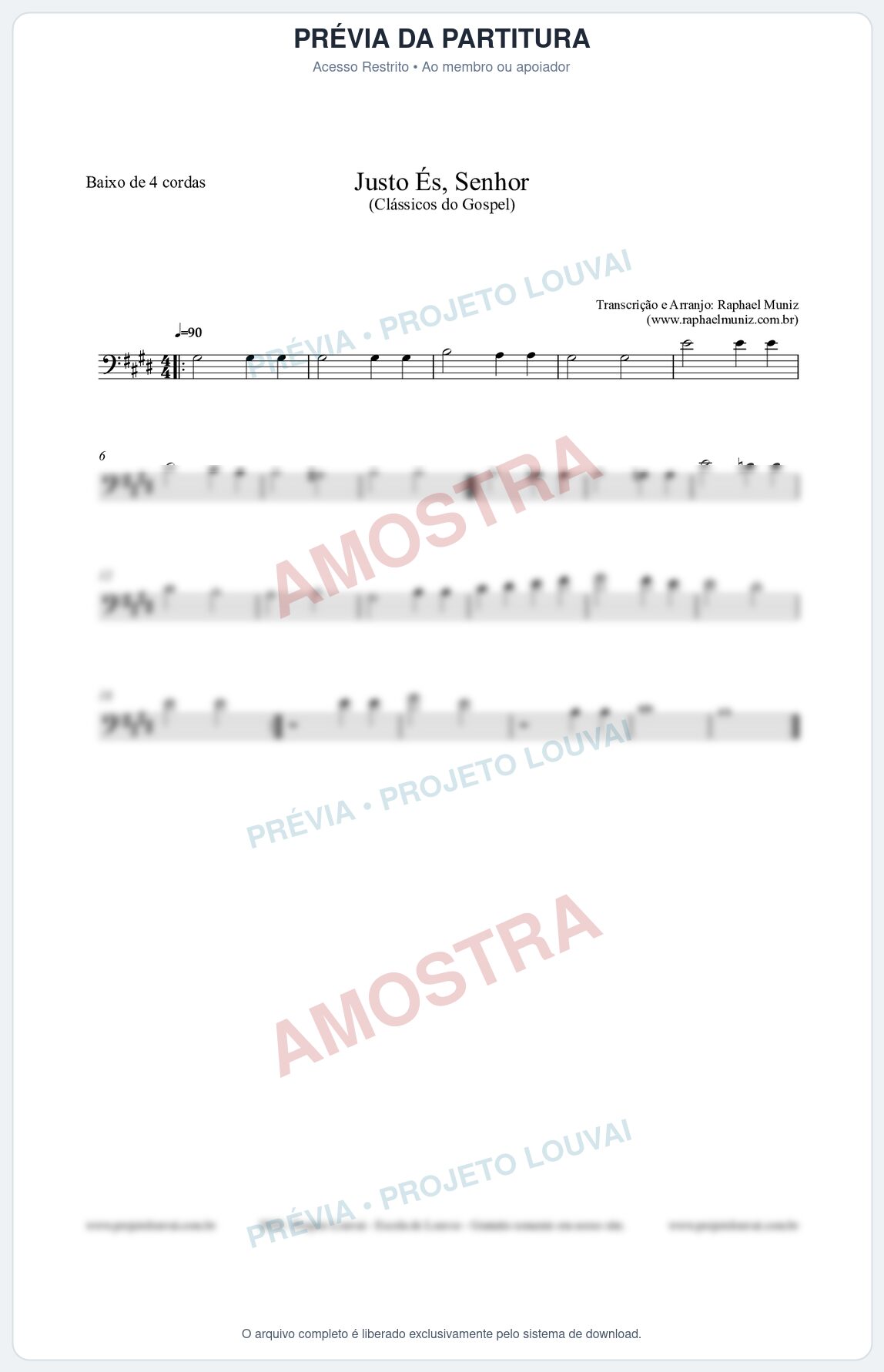 Prévia protegida da primeira página da partitura Partitura para Baixo de 4 cordas - Justo És Senhor - Cantor Cristão nº2 - Clássicos do Gospel
