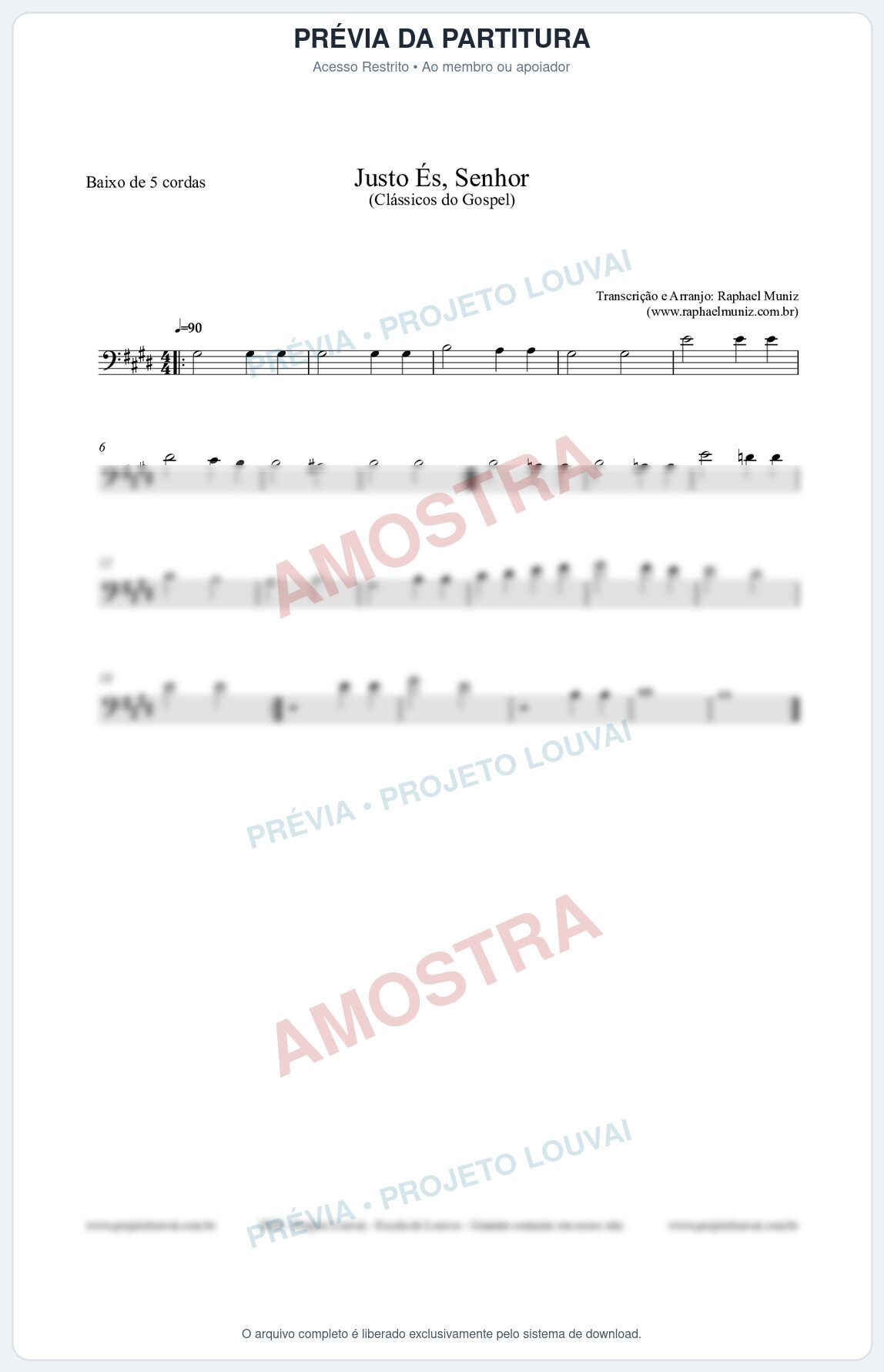 Prévia protegida da primeira página da partitura Partitura para Baixo de 5 cordas - Justo És Senhor - Cantor Cristão nº2 - Clássicos do Gospel