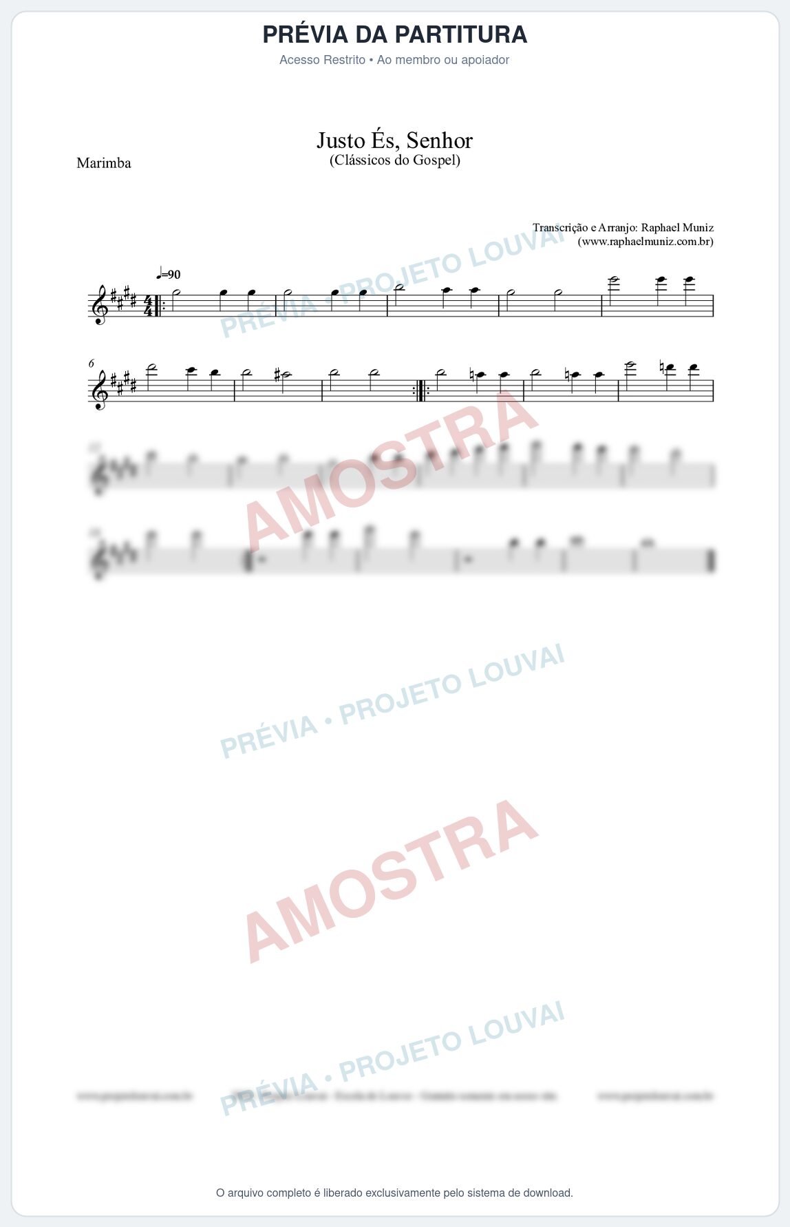 Prévia protegida da primeira página da partitura Partitura para Marimba - Justo És Senhor - Cantor Cristão nº2 - Clássicos do Gospel