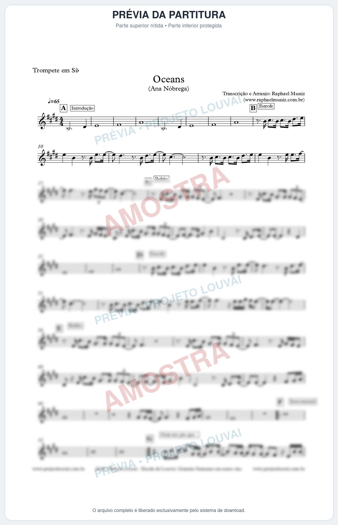 Prévia protegida da primeira página da partitura Partitura para Trompete - Oceans (Oceanos) - Hilsong - Ana Nóbrega