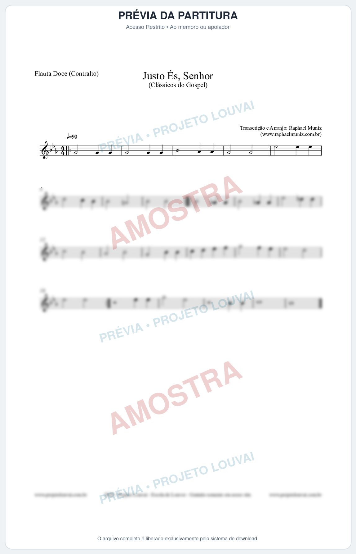 Prévia protegida da primeira página da partitura Partitura para Flauta Doce (Contralto) - Justo És Senhor - Cantor Cristão nº2 - Clássicos do Gospel