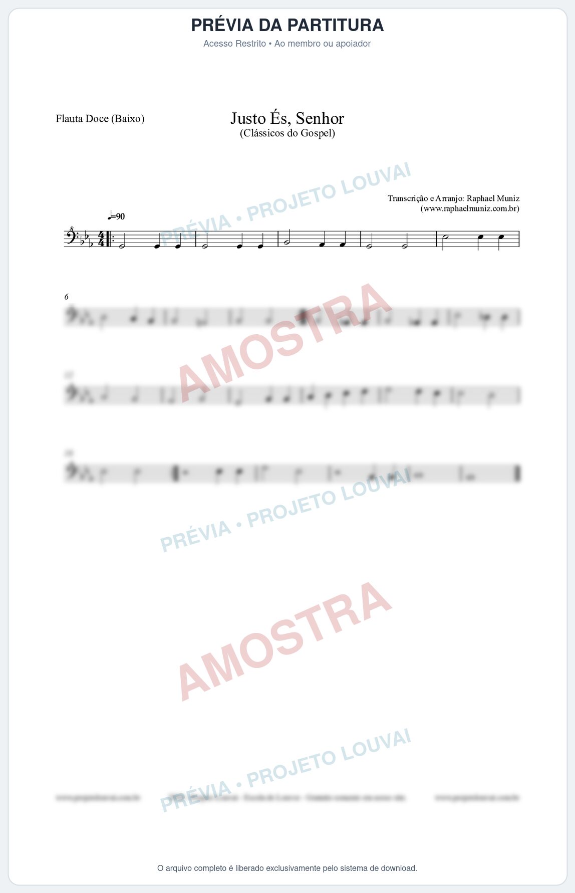 Prévia protegida da primeira página da partitura Partitura para Flauta Doce (Baixo) - Justo És Senhor - Cantor Cristão nº2 - Clássicos do Gospel