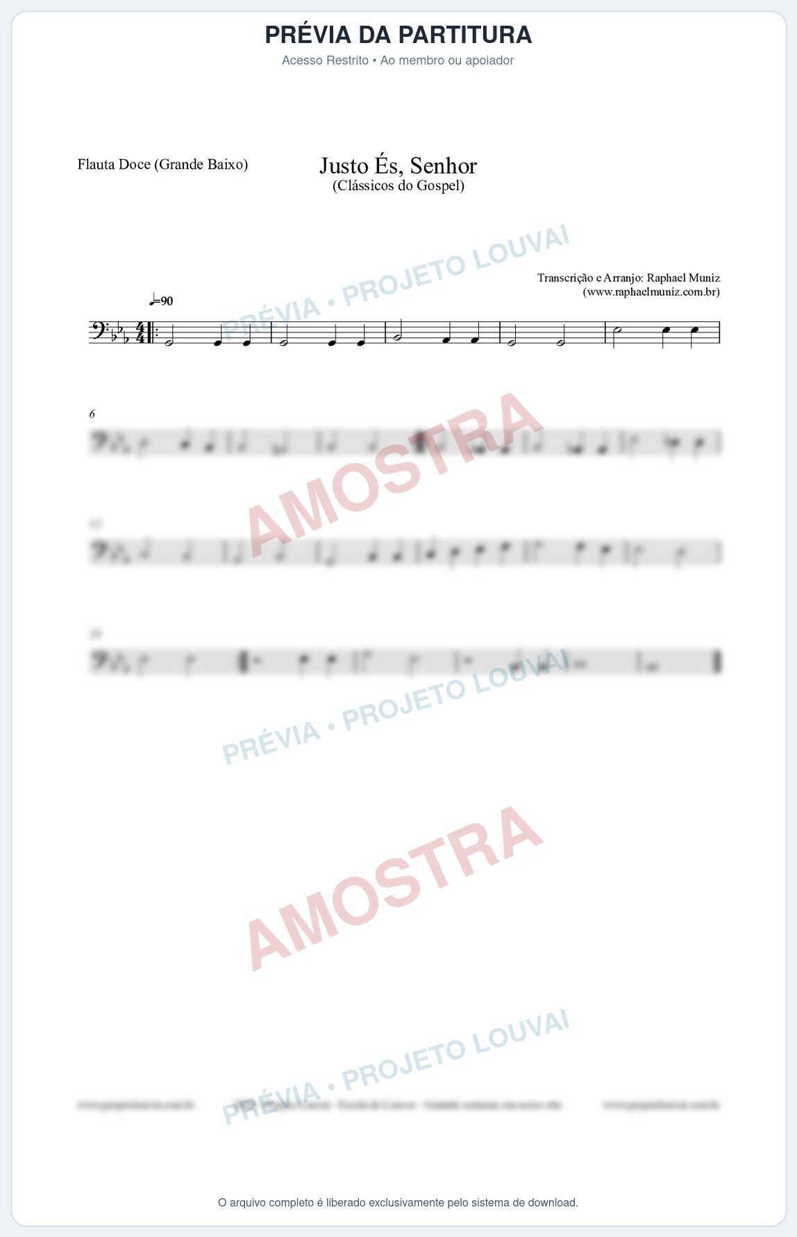 Prévia protegida da primeira página da partitura Partitura para Flauta Doce (Grande Baixo) - Justo És Senhor - Cantor Cristão nº2 - Clássicos do Gospel