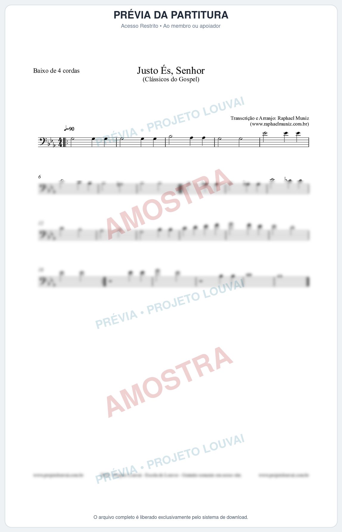 Prévia protegida da primeira página da partitura Partitura para Baixo de 4 cordas - Justo És Senhor - Cantor Cristão nº2 - Clássicos do Gospel