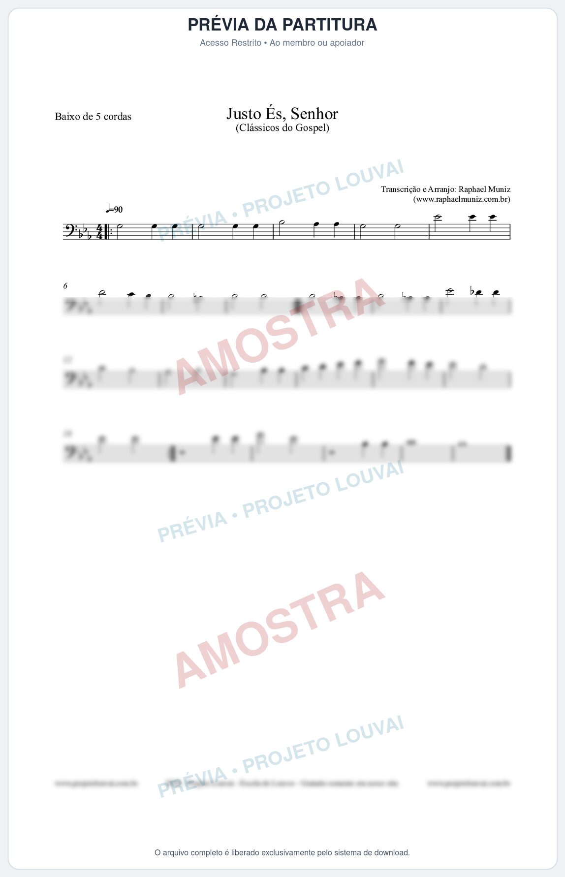 Prévia protegida da primeira página da partitura Partitura para Baixo de 5 cordas - Justo És Senhor - Cantor Cristão nº2 - Clássicos do Gospel