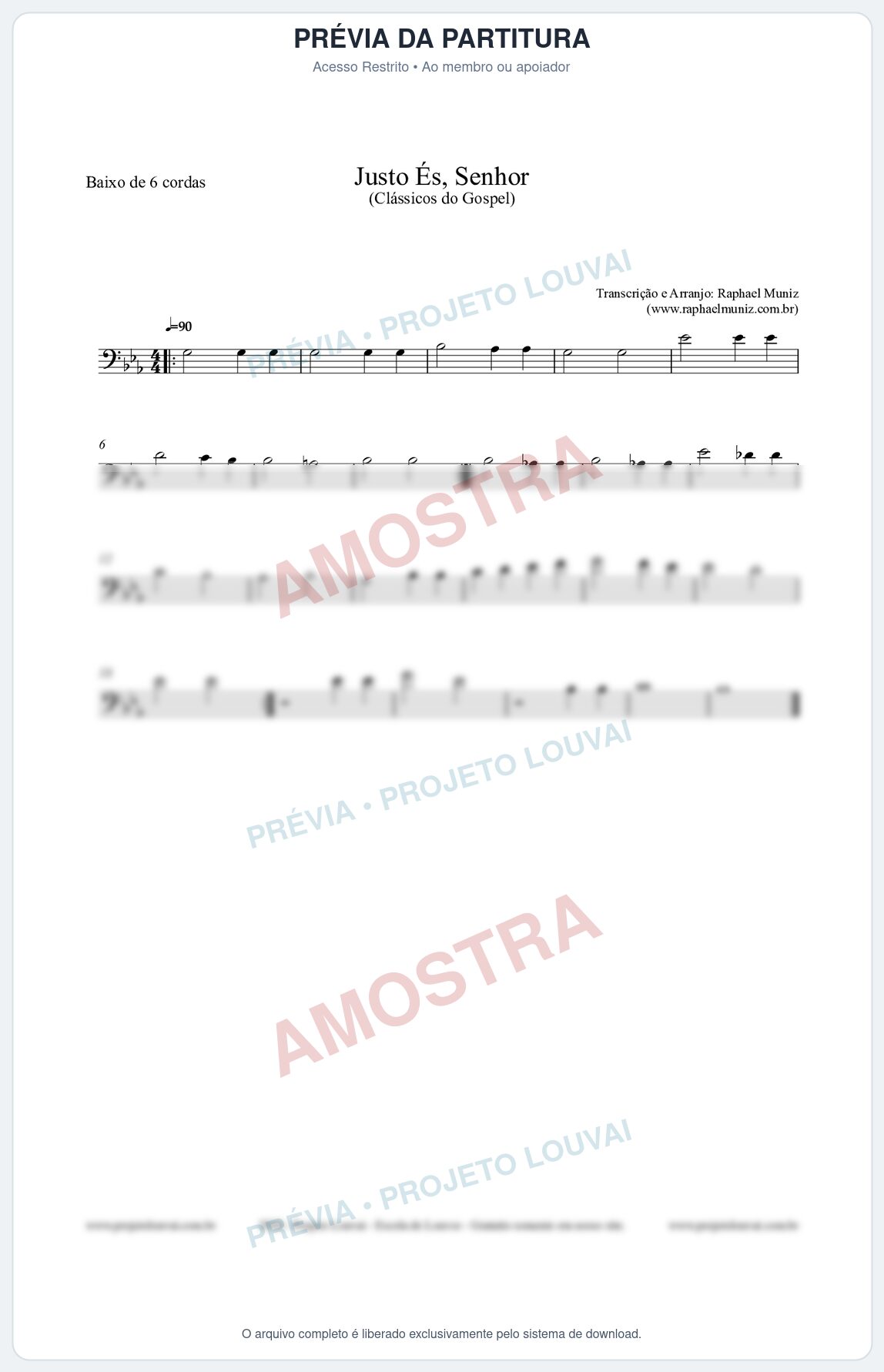 Prévia protegida da primeira página da partitura Partitura para Baixo de 6 cordas - Justo És Senhor - Cantor Cristão nº2 - Clássicos do Gospel