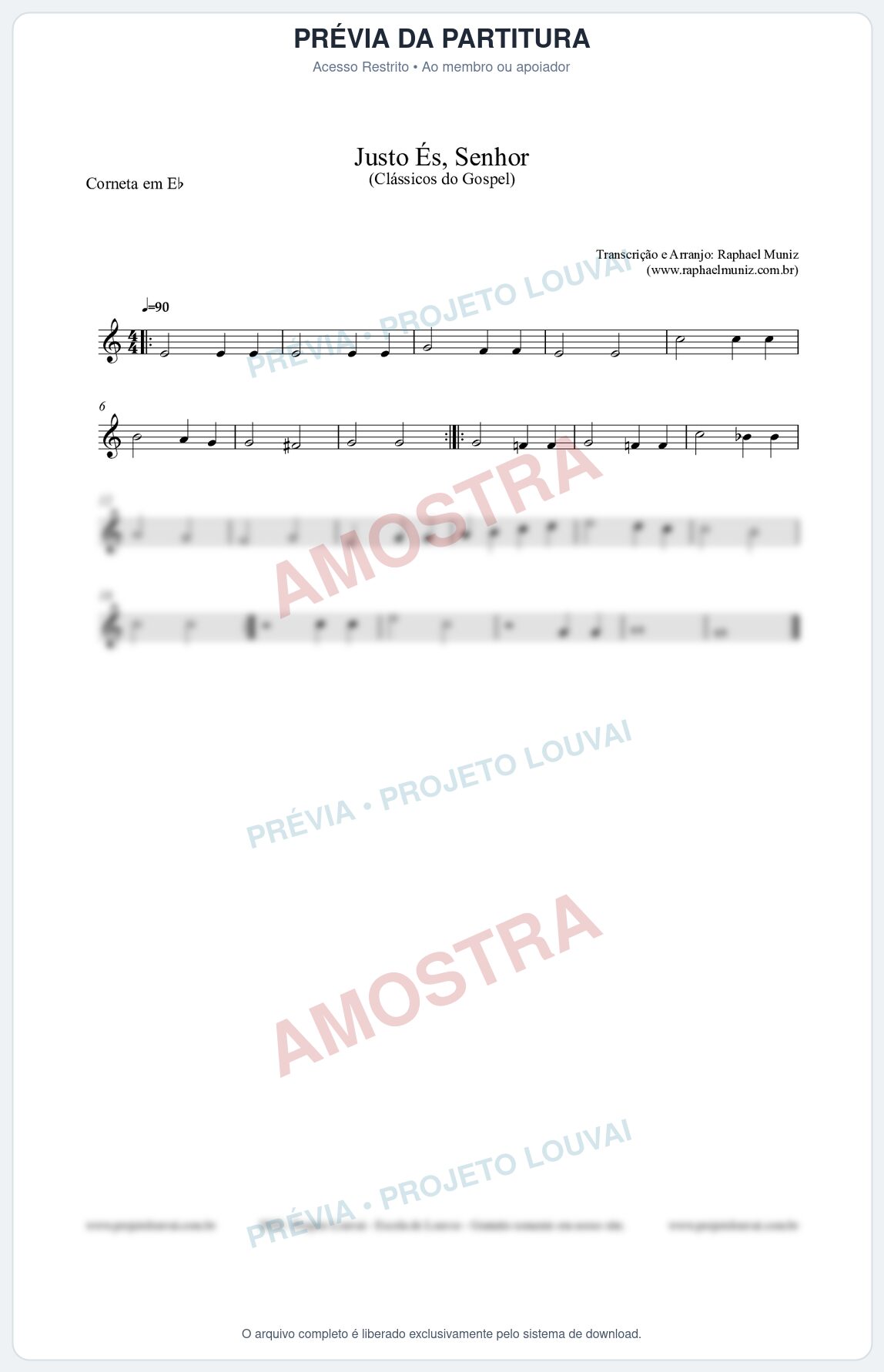 Prévia protegida da primeira página da partitura Partitura para Corneta em Eb - Justo És Senhor - Cantor Cristão nº2 - Clássicos do Gospel