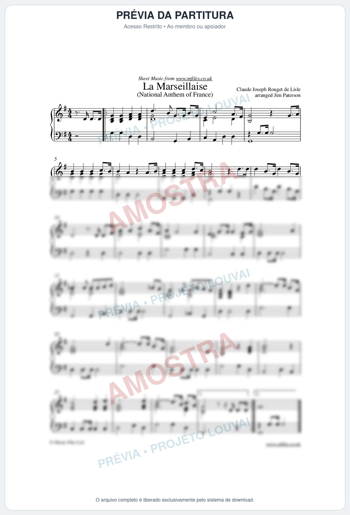 Prévia protegida da primeira página da partitura Partitura para Piano - Hino da França - La Marseillaise - Hinos dos Países