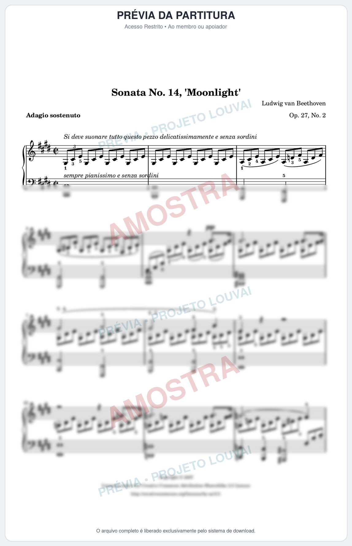 Prévia protegida da primeira página da partitura Partitura para Piano - Sonata Op. 27 n. 2 "Sonata ao Luar" (Piano Sonata No. 14 "Moonlight") - Beethoven
