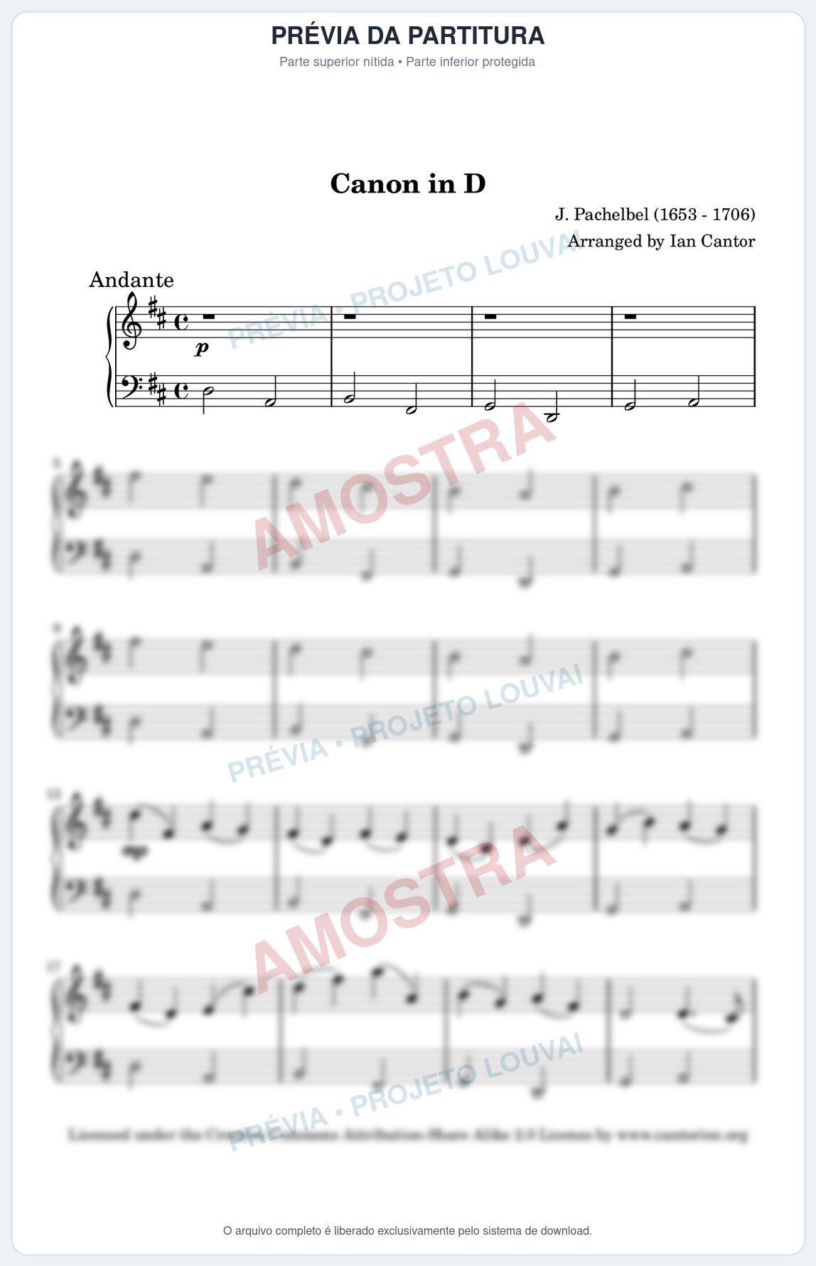 Prévia protegida da primeira página da partitura Partitura para Piano - Cânone em Ré Maior - Pachelbel