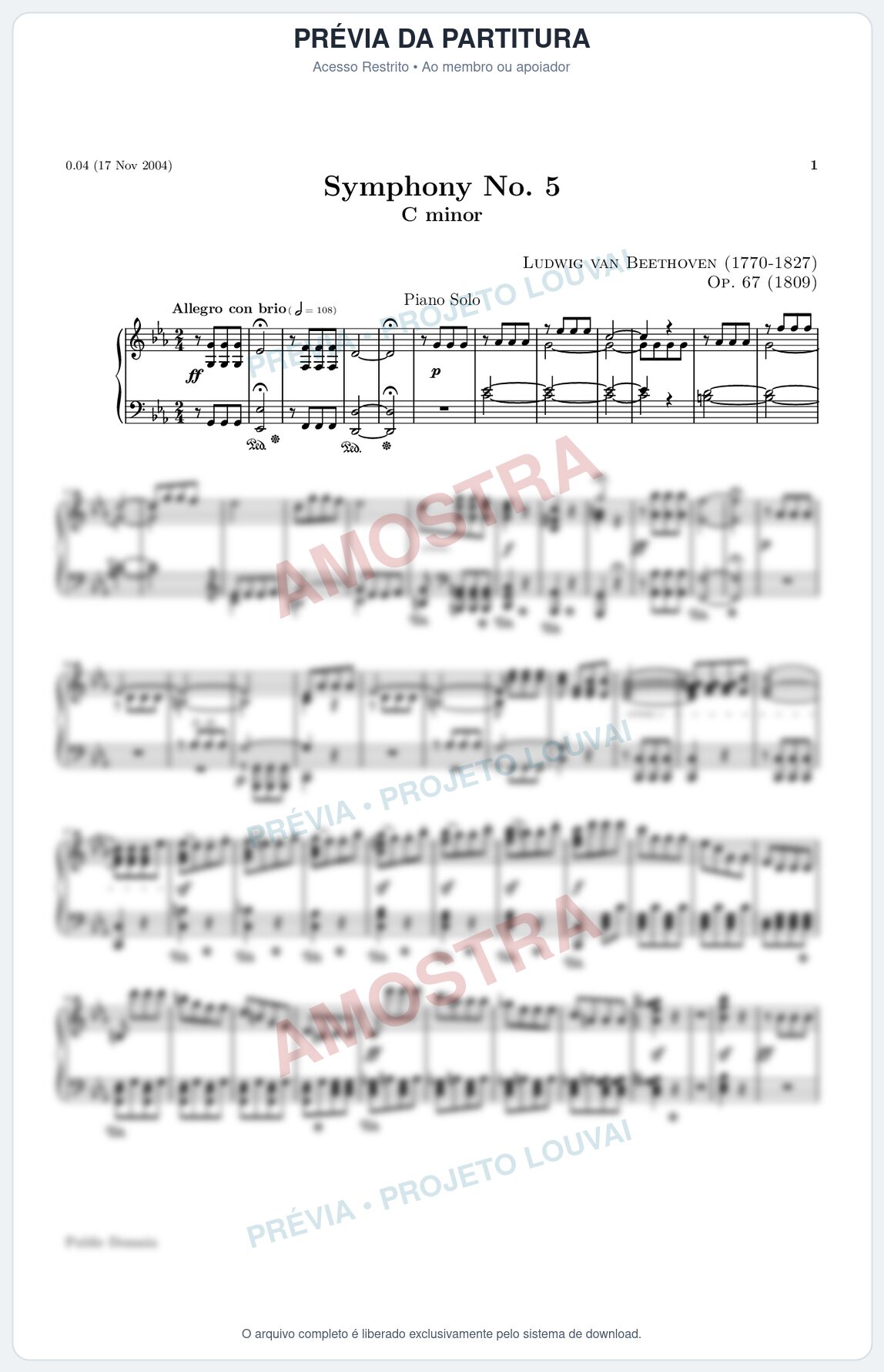 Prévia protegida da primeira página da partitura Partitura para Piano - Sinfonia n.º 5 - Beethoven