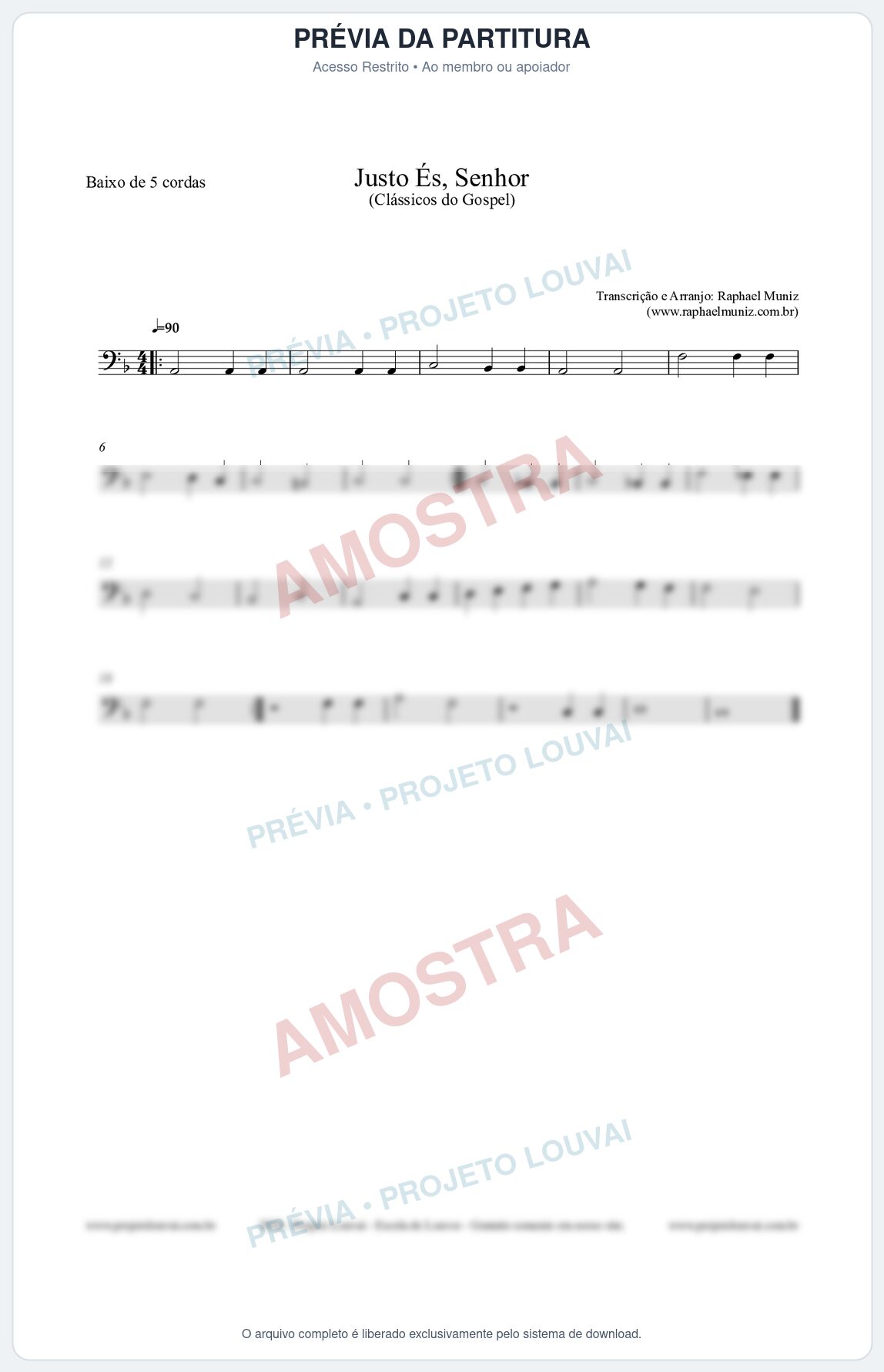 Prévia protegida da primeira página da partitura Partitura para Baixo de 5 cordas - Justo És Senhor - Cantor Cristão nº2 - Clássicos do Gospel