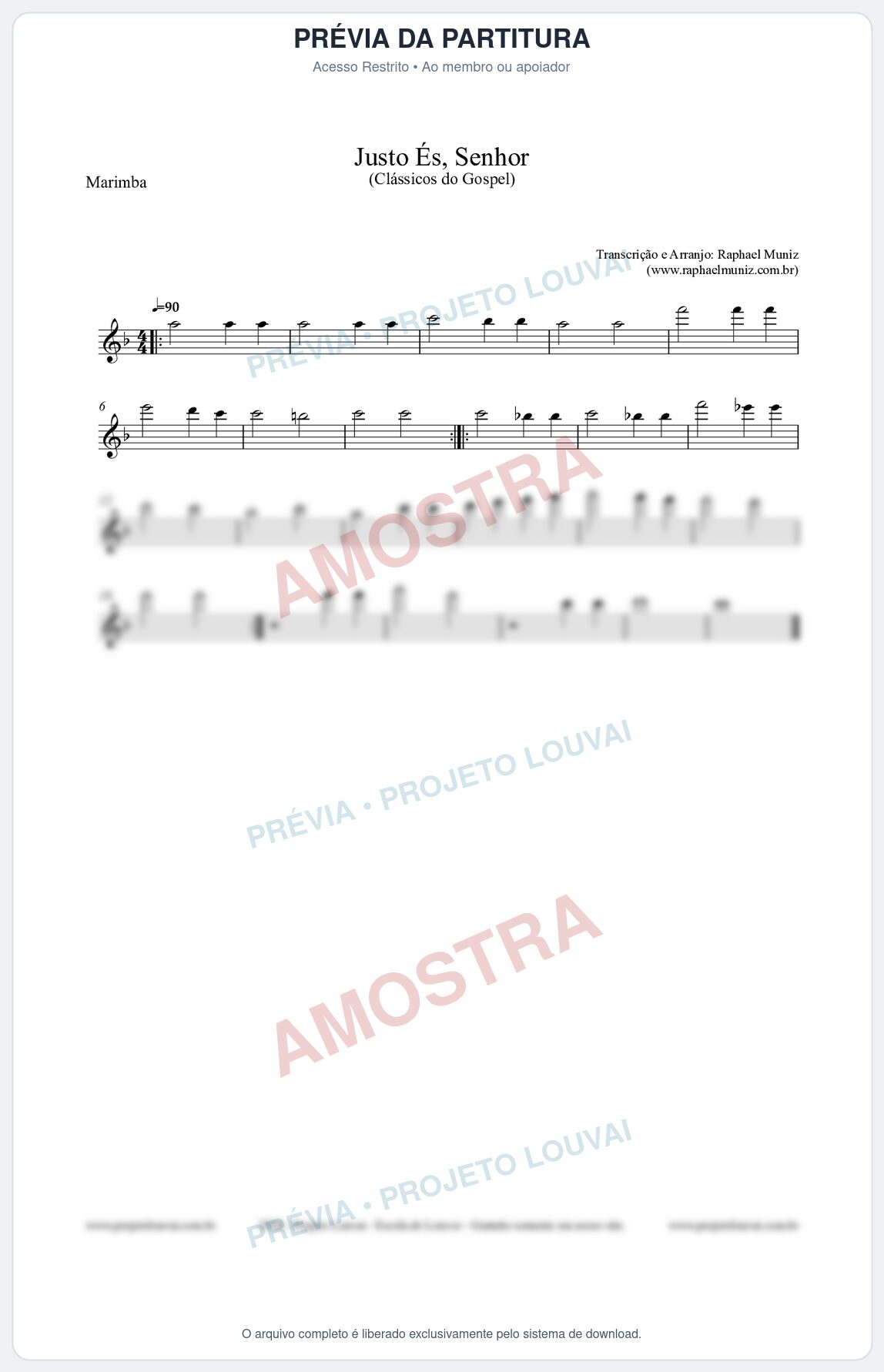 Prévia protegida da primeira página da partitura Partitura para Marimba - Justo És Senhor - Cantor Cristão nº2 - Clássicos do Gospel