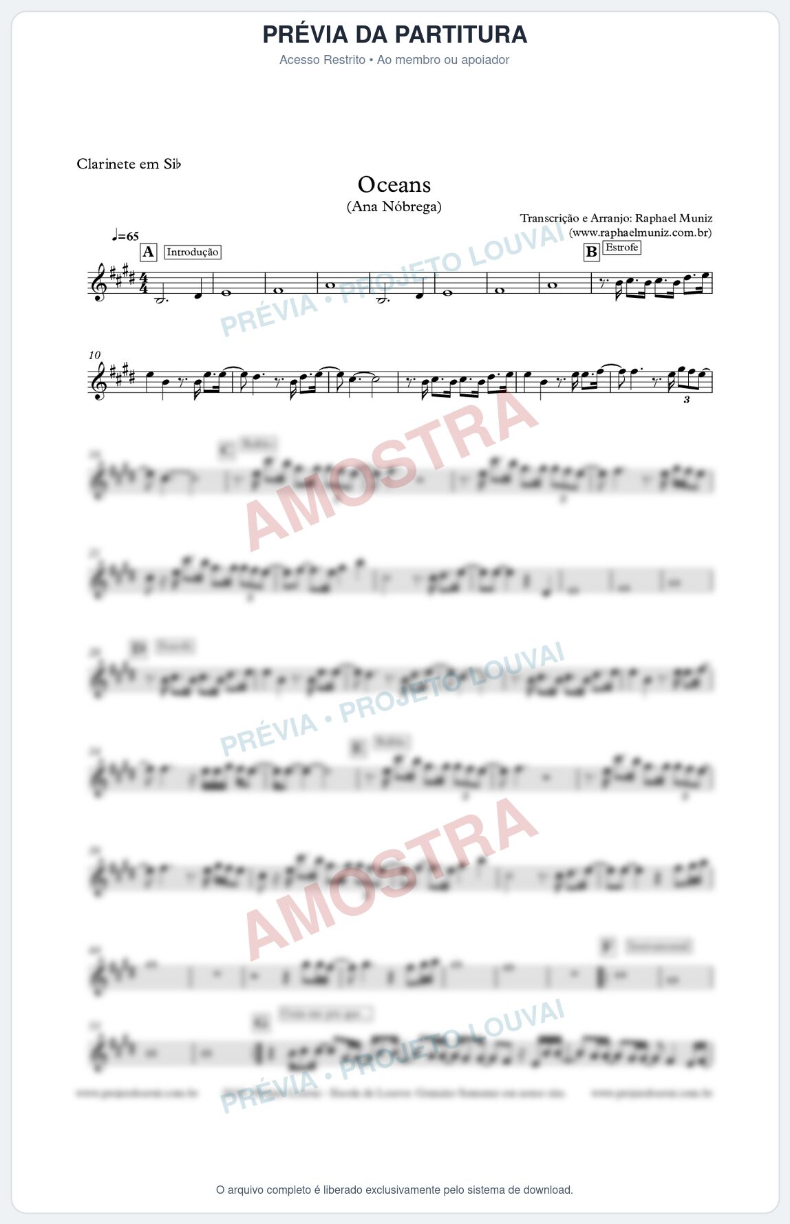 Prévia protegida da primeira página da partitura Partitura para Clarinete - Oceans (Oceanos) - Hilsong - Ana Nóbrega