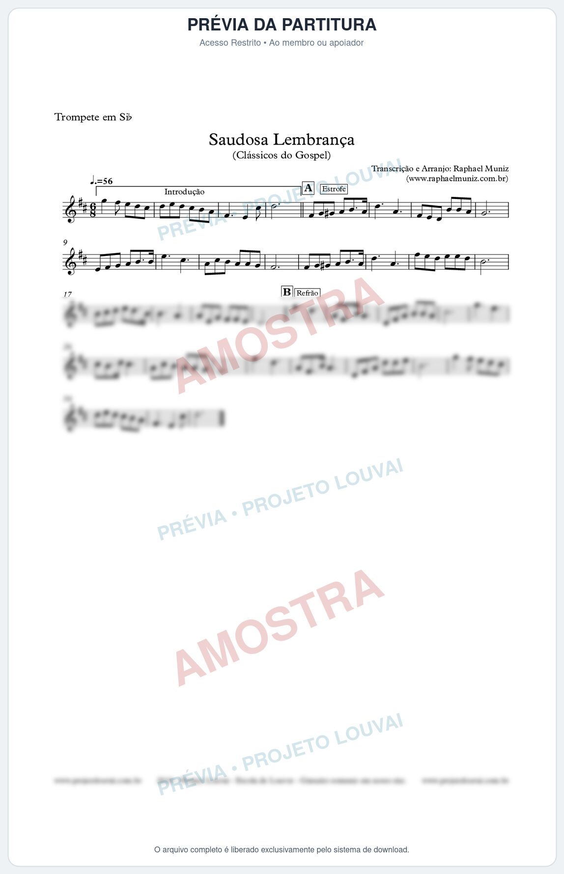 Prévia protegida da primeira página da partitura Partitura para Trompete - Saudosa Lembrança - Harpa Cristã nº 2