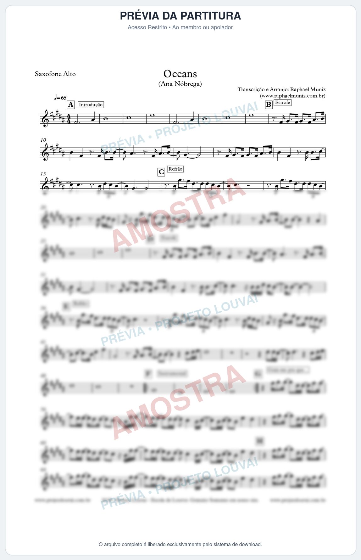 Prévia protegida da primeira página da partitura Partitura para Sax Alto - Oceans (Oceanos) - Hilsong - Ana Nóbrega