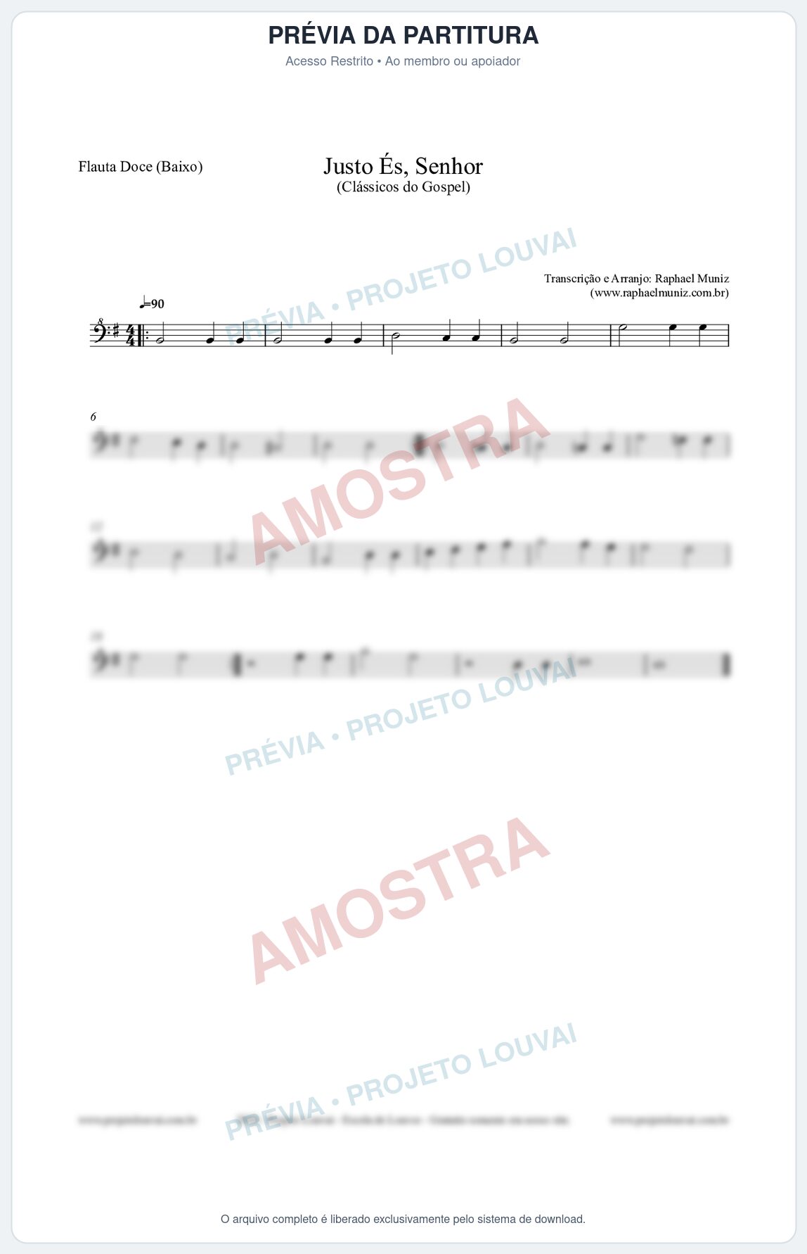 Prévia protegida da primeira página da partitura Partitura para Flauta Doce (Baixo) - Justo És Senhor - Cantor Cristão nº2 - Clássicos do Gospel