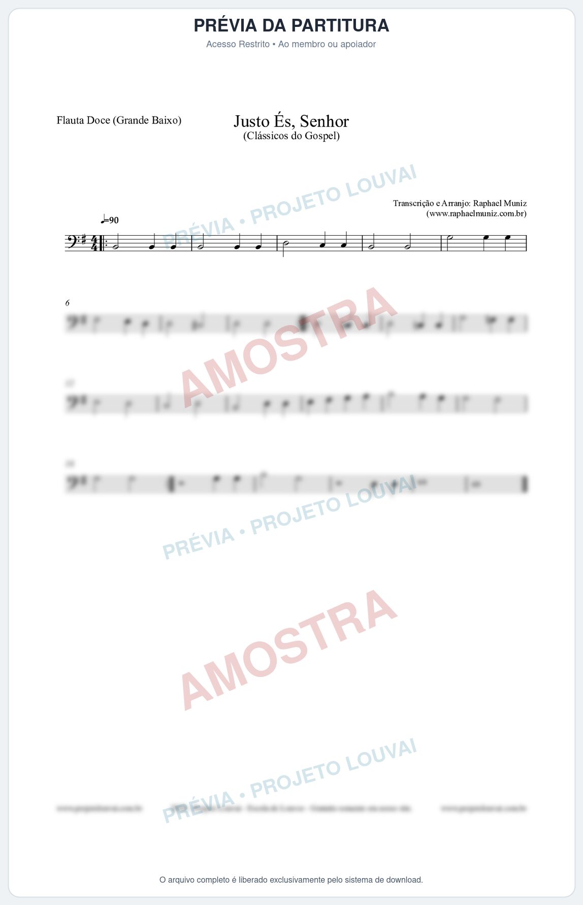 Prévia protegida da primeira página da partitura Partitura para Flauta Doce (Grande Baixo) - Justo És Senhor - Cantor Cristão nº2 - Clássicos do Gospel