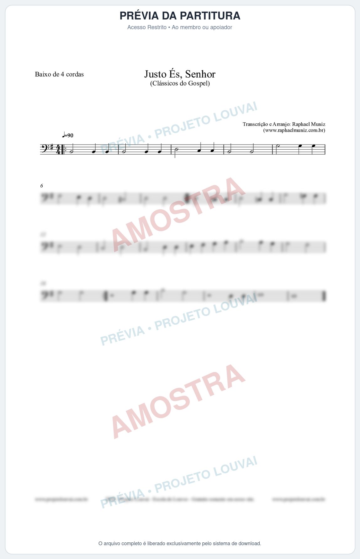 Prévia protegida da primeira página da partitura Partitura para Baixo de 4 cordas - Justo És Senhor - Cantor Cristão nº2 - Clássicos do Gospel