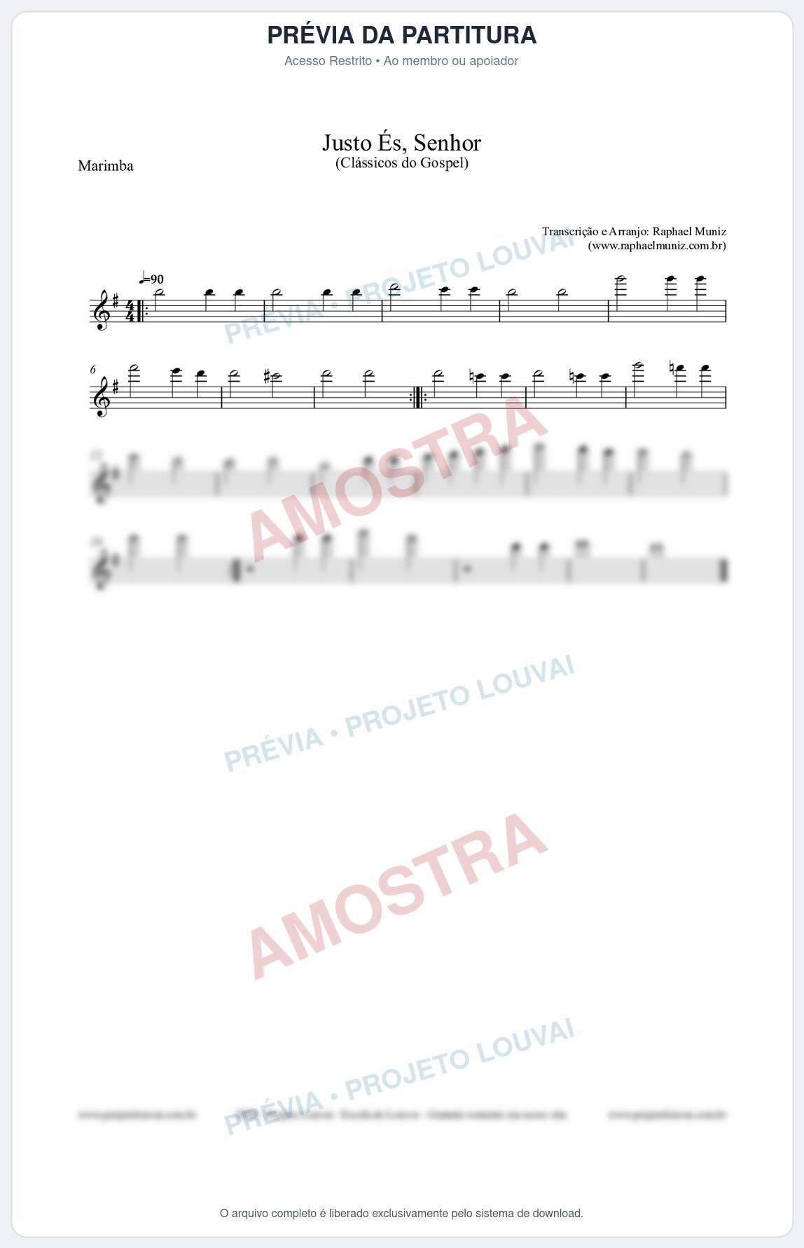 Prévia protegida da primeira página da partitura Partitura para Marimba - Justo És Senhor - Cantor Cristão nº2 - Clássicos do Gospel