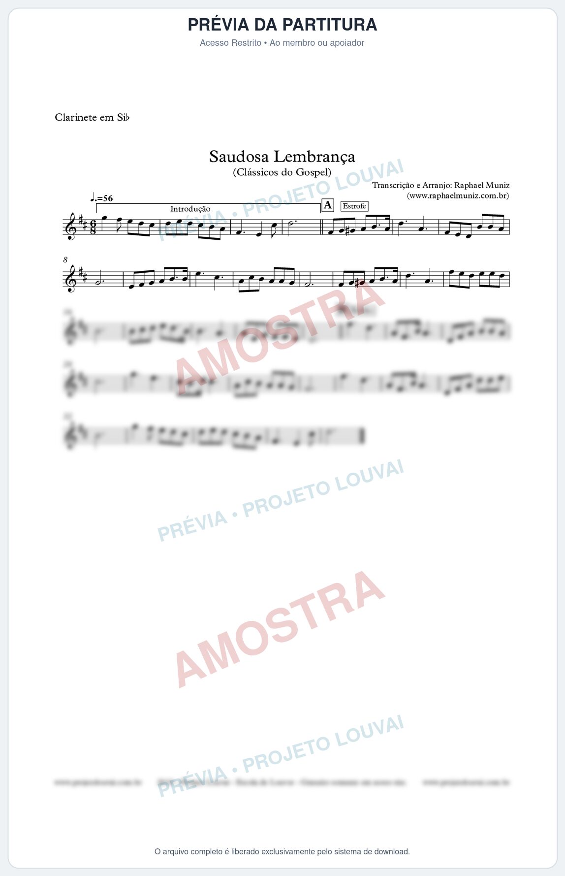 Prévia protegida da primeira página da partitura Partitura para Clarinete - Saudosa Lembrança - Harpa Cristã nº 2