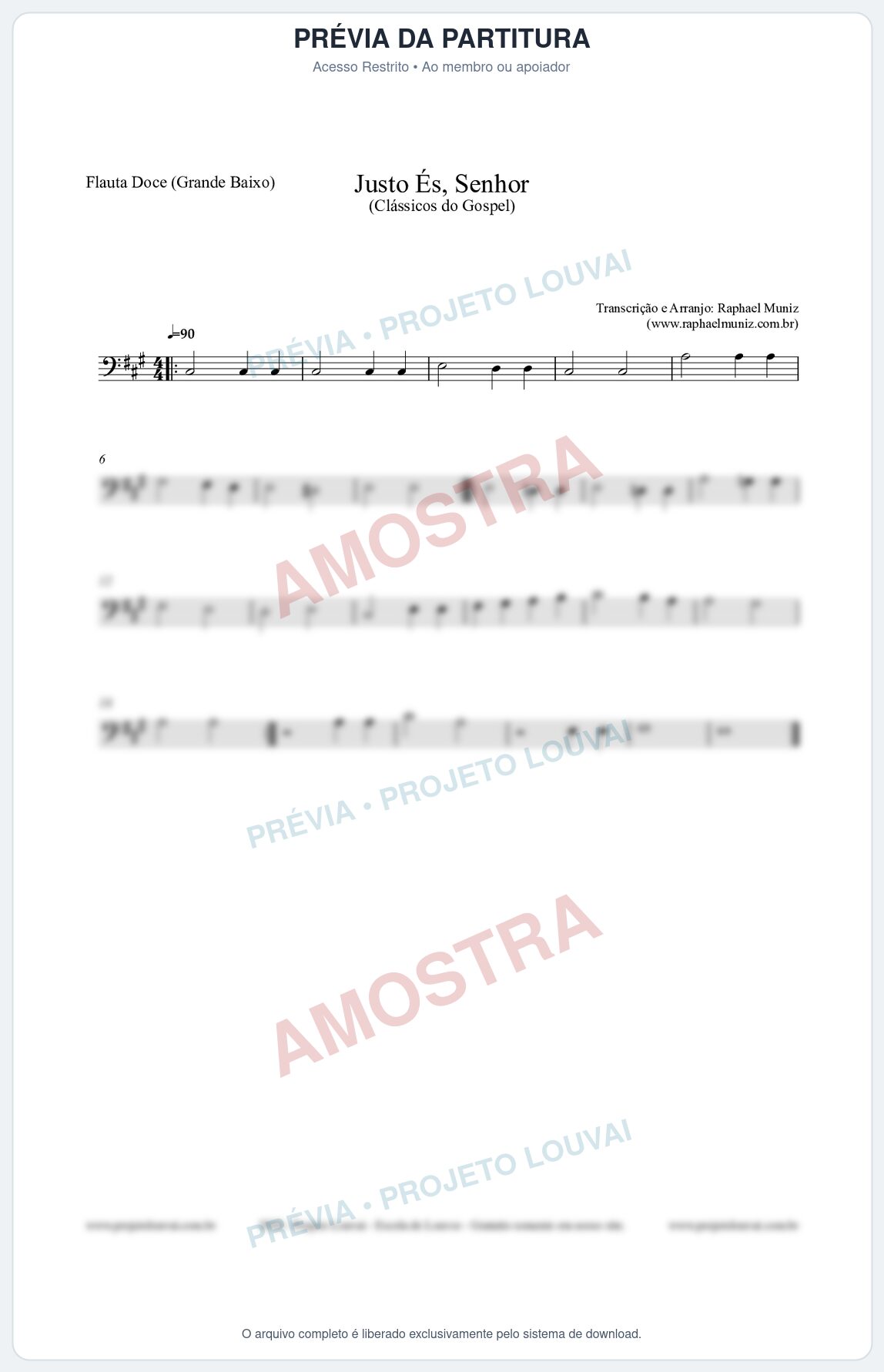 Prévia protegida da primeira página da partitura Partitura para Flauta Doce (Grande Baixo) - Justo És Senhor - Cantor Cristão nº2 - Clássicos do Gospel