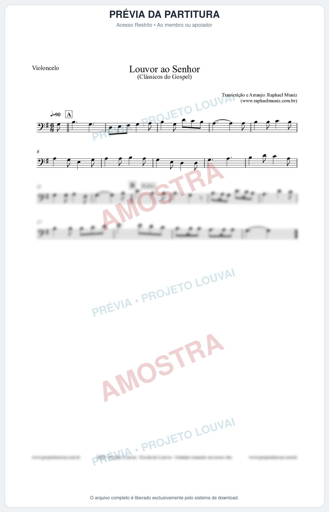 Prévia protegida da primeira página da partitura Partitura para Violoncelo - Louvor ao Senhor - Cantor Cristão nº3 - Clássicos do Gospel