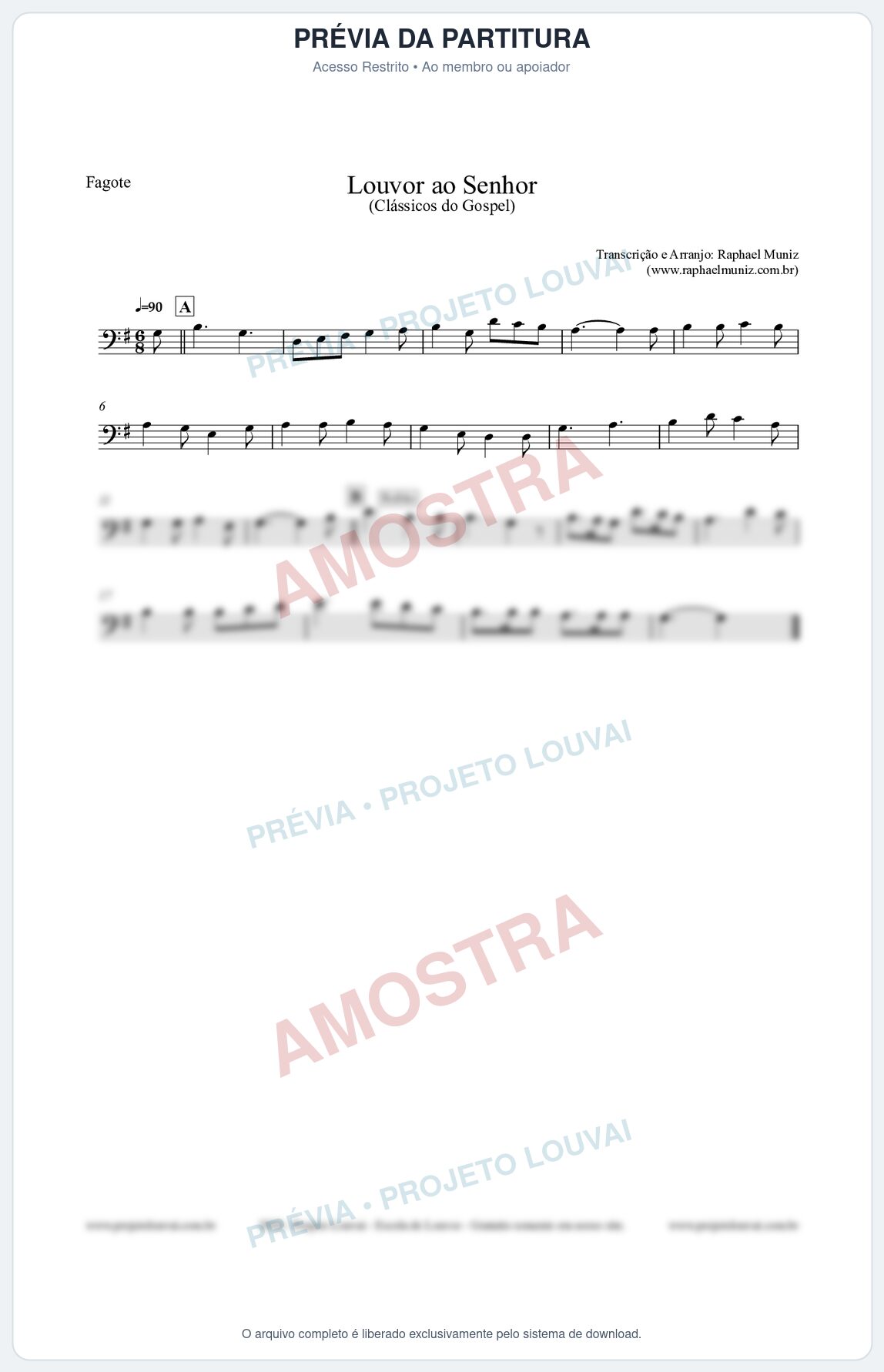 Prévia protegida da primeira página da partitura Partitura para Fagote - Louvor ao Senhor - Cantor Cristão nº3 - Clássicos do Gospel