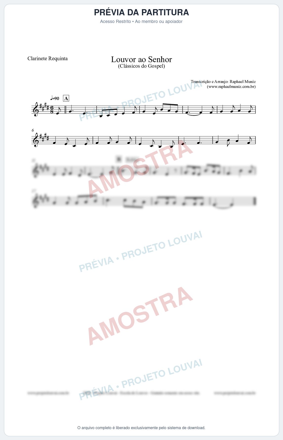 Prévia protegida da primeira página da partitura Partitura para Clarinete Requinta - Louvor ao Senhor - Cantor Cristão nº3 - Clássicos do Gospel