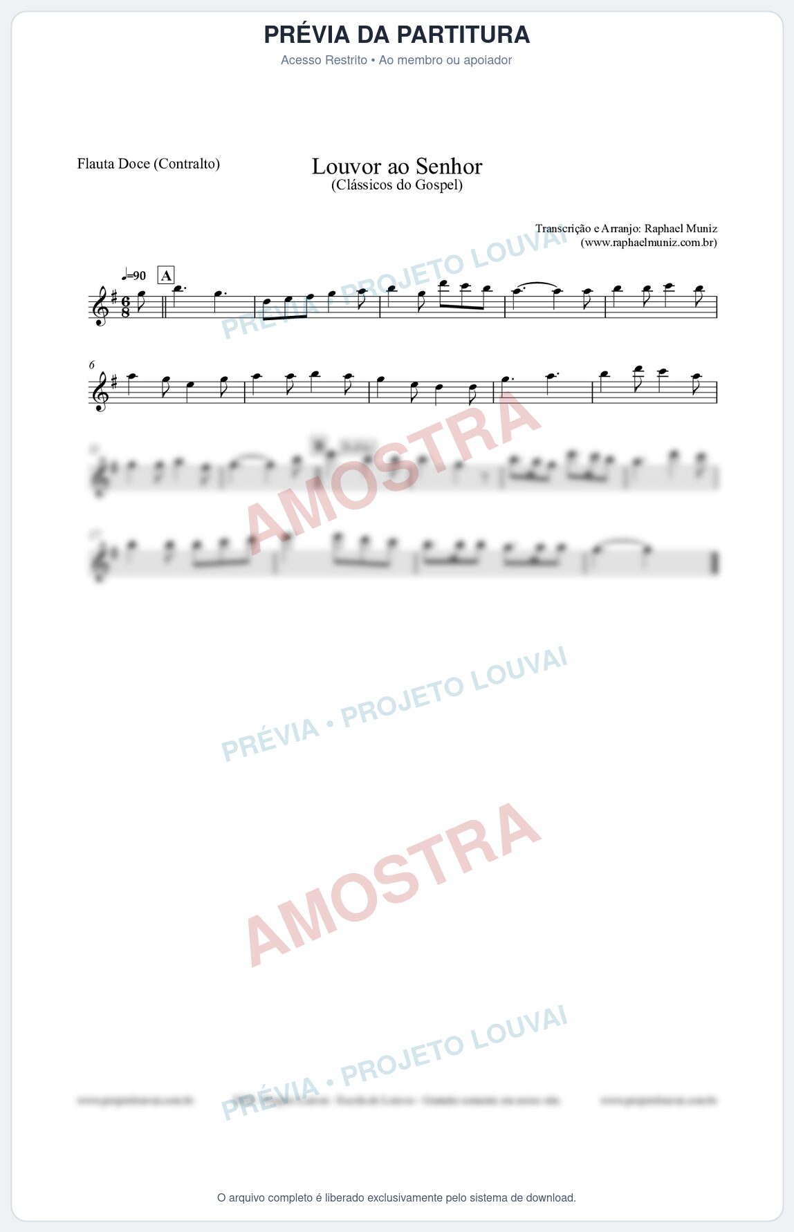 Prévia protegida da primeira página da partitura Partitura para Flauta Doce (Contralto) - Louvor ao Senhor - Cantor Cristão nº3 - Clássicos do Gospel