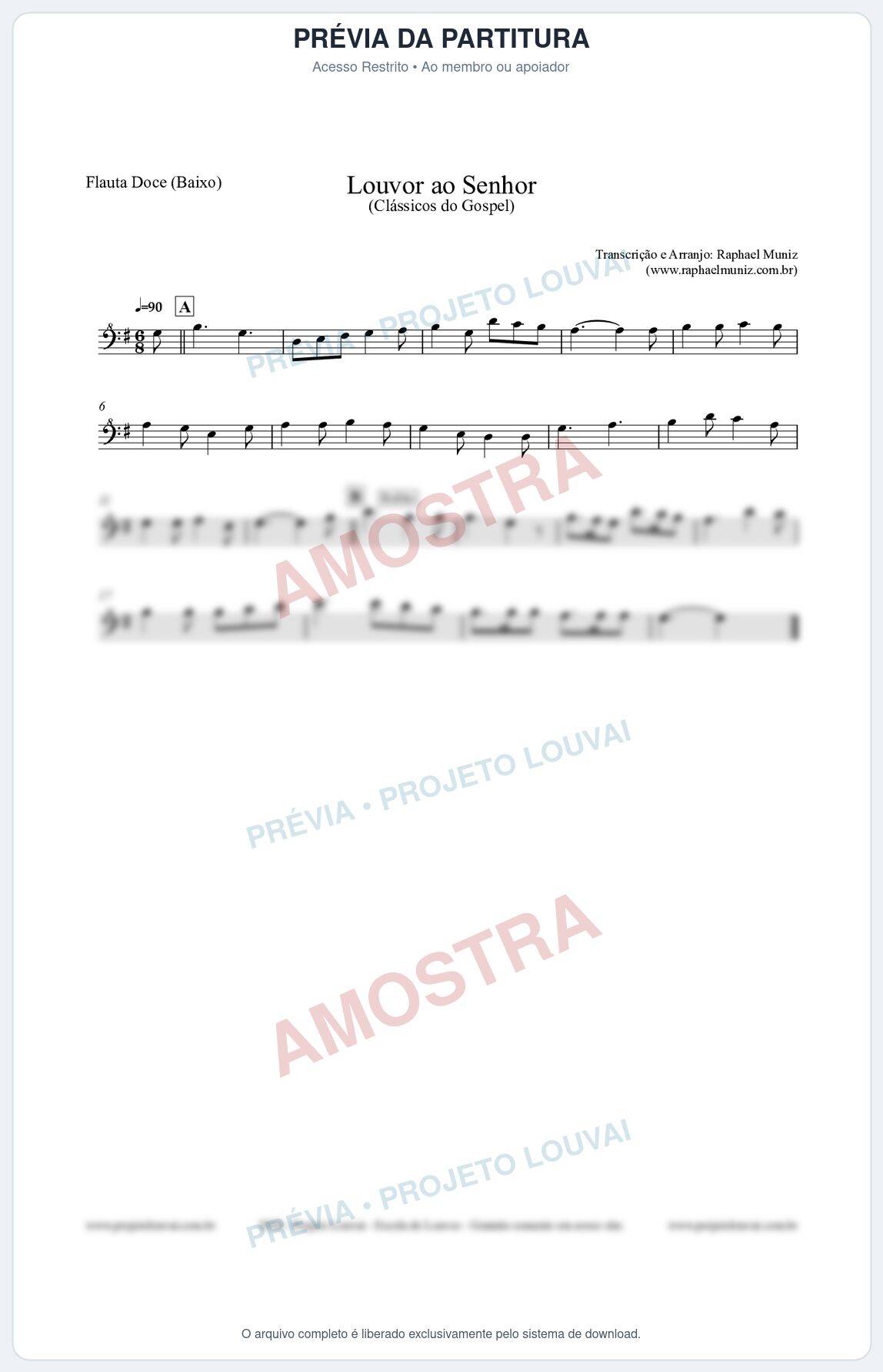 Prévia protegida da primeira página da partitura Partitura para Flauta Doce (Baixo) - Louvor ao Senhor - Cantor Cristão nº3 - Clássicos do Gospel