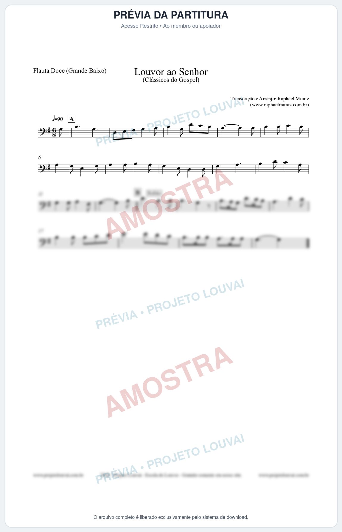 Prévia protegida da primeira página da partitura Partitura para Flauta Doce (Grande Baixo) - Louvor ao Senhor - Cantor Cristão nº3 - Clássicos do Gospel
