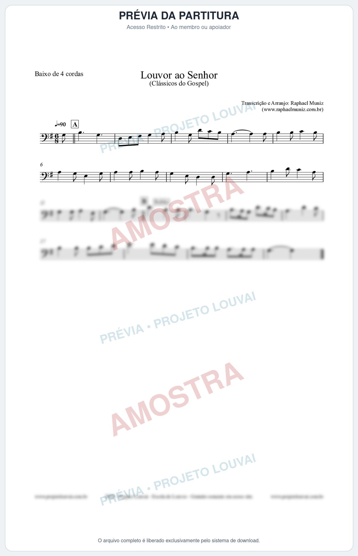 Prévia protegida da primeira página da partitura Partitura para Baixo de 4 cordas - Louvor ao Senhor - Cantor Cristão nº3 - Clássicos do Gospel