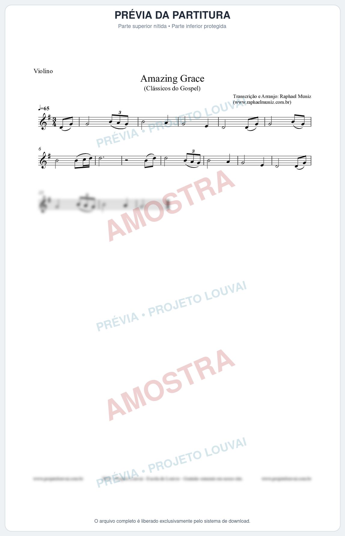 Prévia protegida da primeira página da partitura Partitura para Violino - Amazing Grace - Clássicos do Gospels