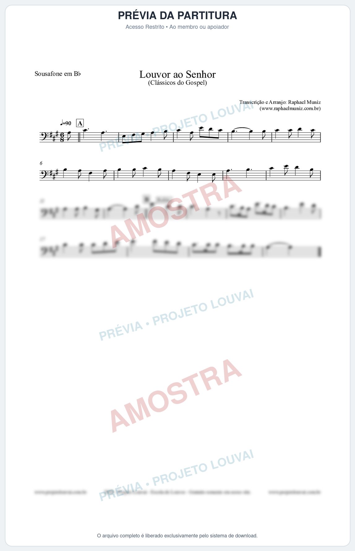 Prévia protegida da primeira página da partitura Partitura para Sousafone em Bb - Louvor ao Senhor - Cantor Cristão nº3 - Clássicos do Gospel