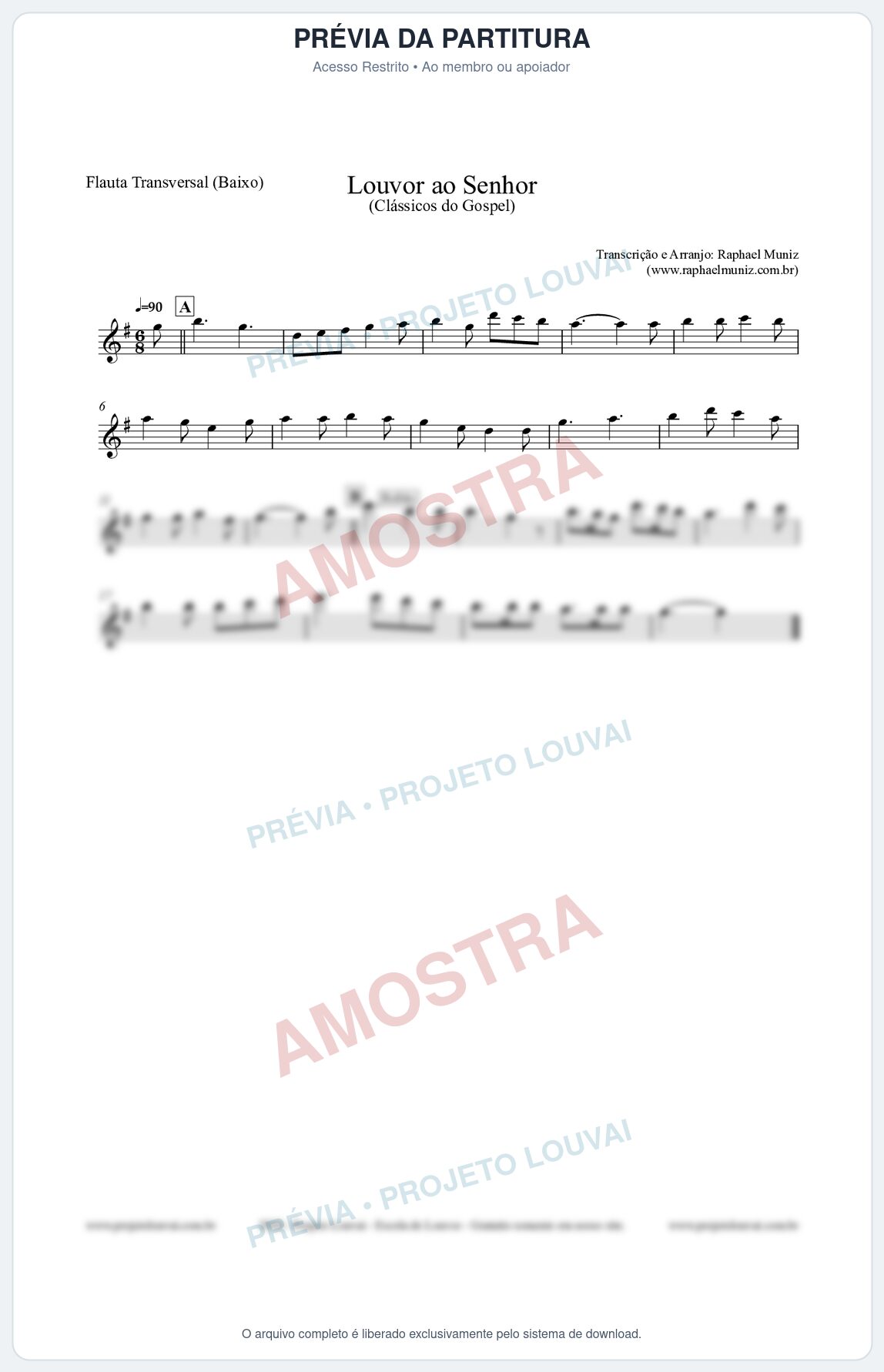 Prévia protegida da primeira página da partitura Partitura para Flauta Transversal (Baixo) - Louvor ao Senhor - Cantor Cristão nº3 - Clássicos do Gospel