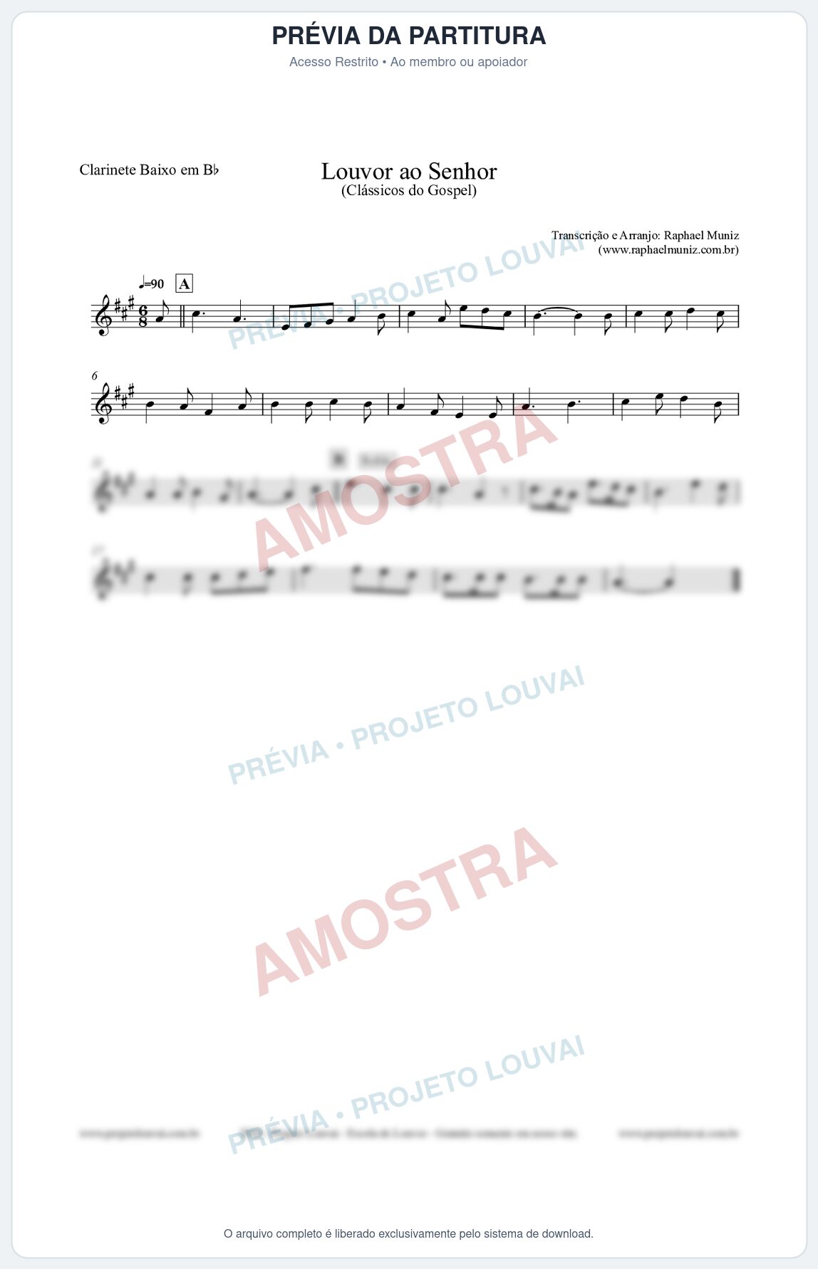 Prévia protegida da primeira página da partitura Partitura para Clarinete Baixo em Bb - Louvor ao Senhor - Cantor Cristão nº3 - Clássicos do Gospel