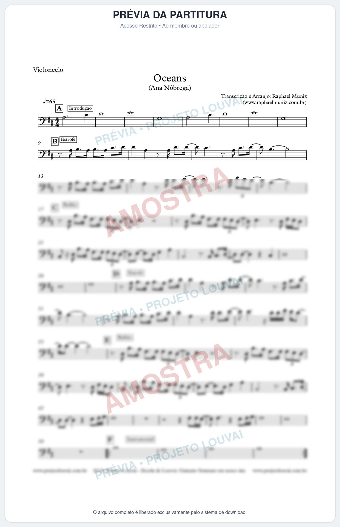 Prévia protegida da primeira página da partitura Partitura para Violoncelo - Oceans (Oceanos) - Ana Nóbrega