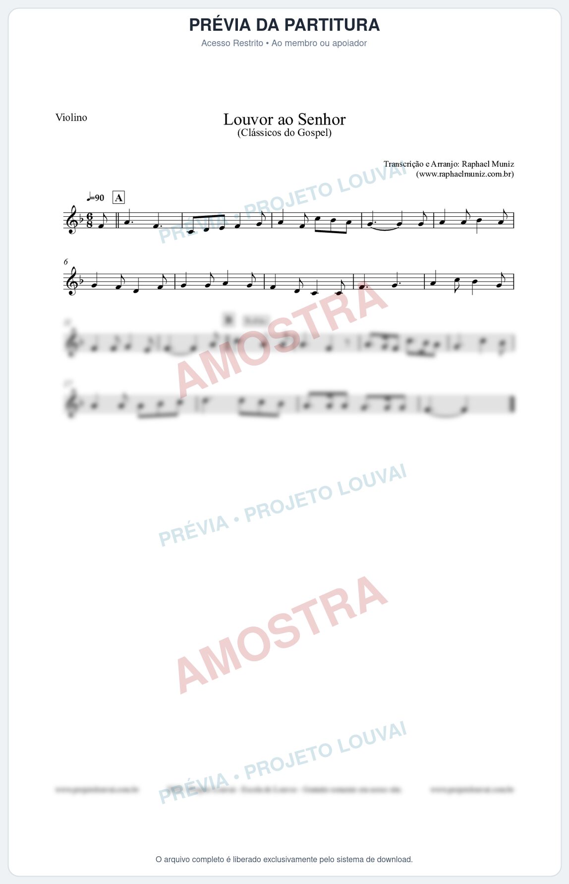 Prévia protegida da primeira página da partitura Partitura para Violino - Louvor ao Senhor - Cantor Cristão nº3 - Clássicos do Gospel