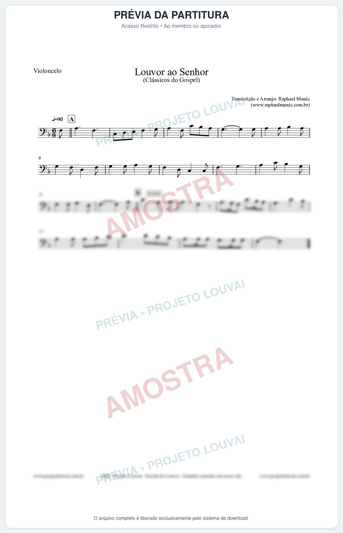 Prévia protegida da primeira página da partitura Partitura para Violoncelo - Louvor ao Senhor - Cantor Cristão nº3 - Clássicos do Gospel