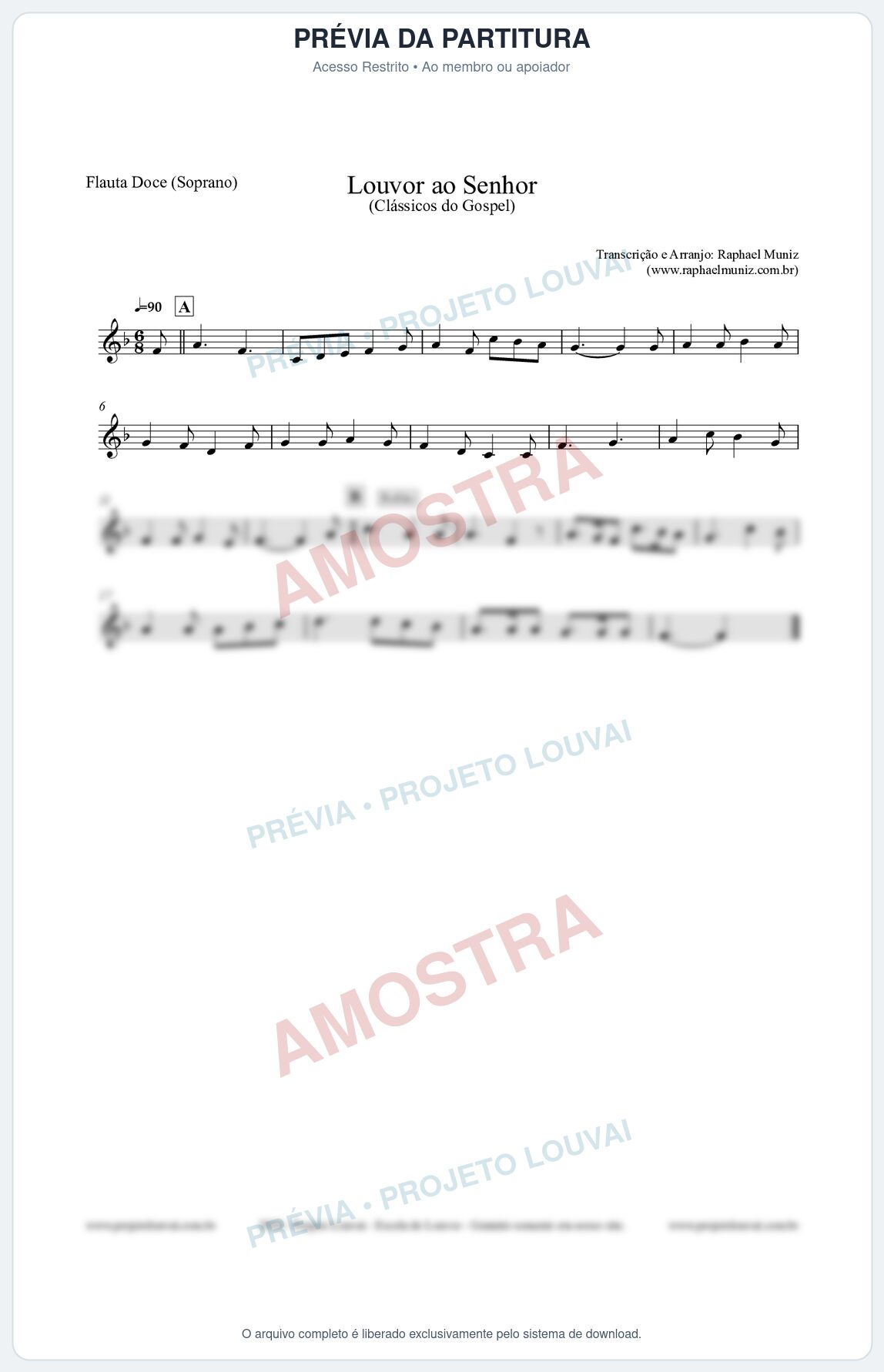 Prévia protegida da primeira página da partitura Partitura para Flauta Doce (Soprano) - Louvor ao Senhor - Cantor Cristão nº3 - Clássicos do Gospel